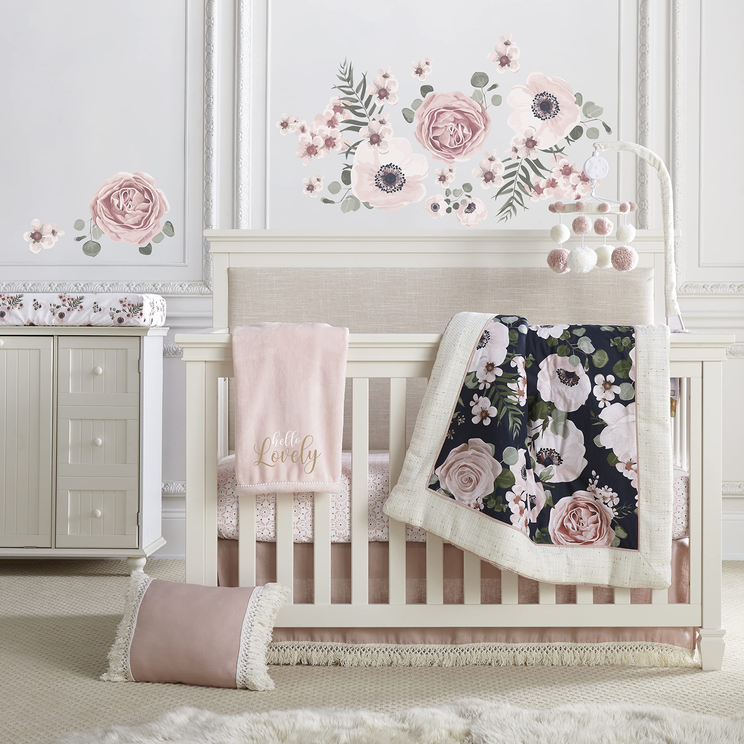 Levtex Baby Fiori 4-Piece Crib Bedding Set - Floral Nursery Collection in Charcoal, Coral, Pink, Green & Cream - Includes Quilt, Fitted Sheet, Wall Decal & Dust Ruffle - Perfect for Baby Girls' Room Decor & Nursery Themes