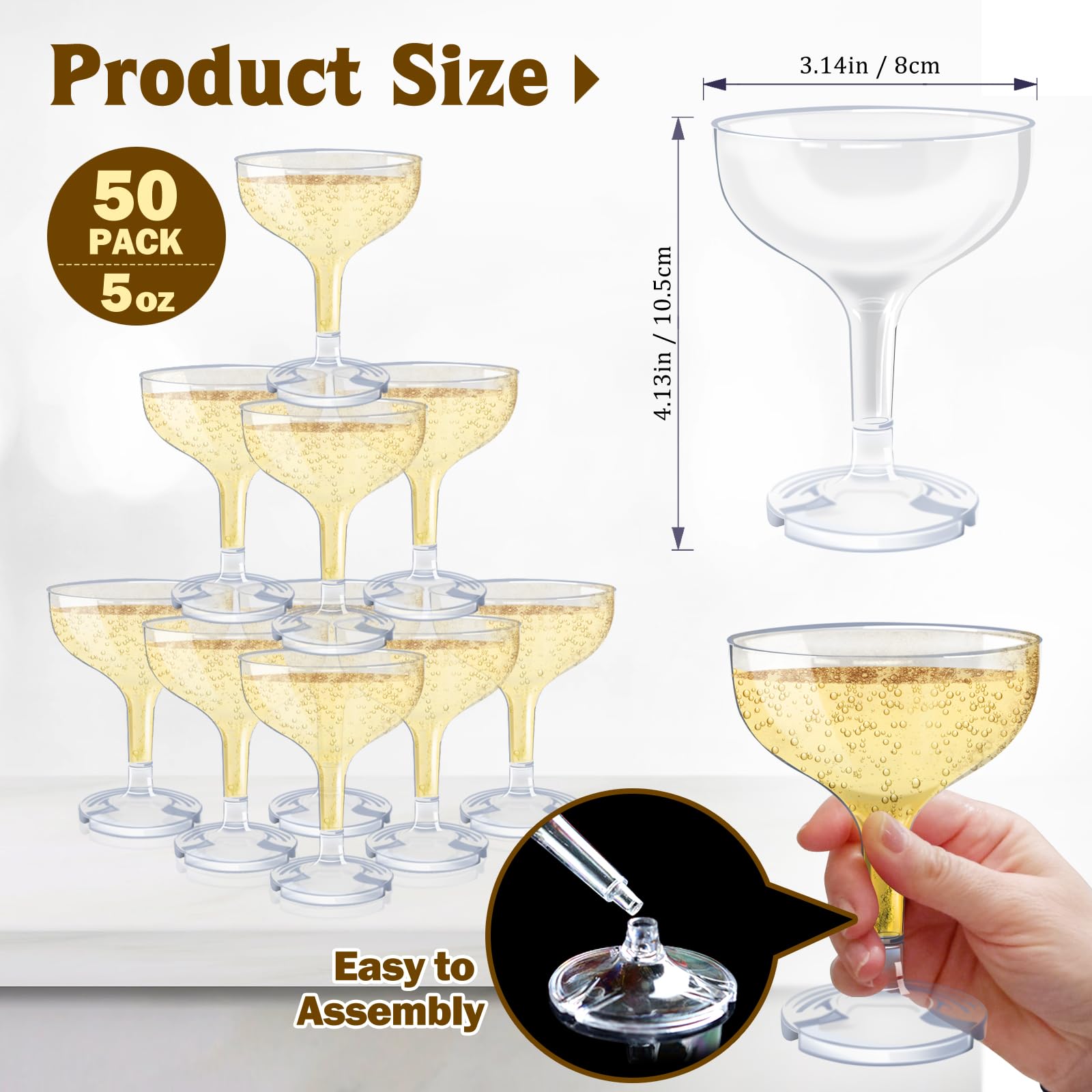 50 Pcs Clear 5 oz Unbreakable Acrylic Champagne Coupe Glasses - Disposable Plastic Martini Glasses for Wedding, Party & Cocktail Events - Elegant Drinkware for Celebrations, Toasts & Special Occasions