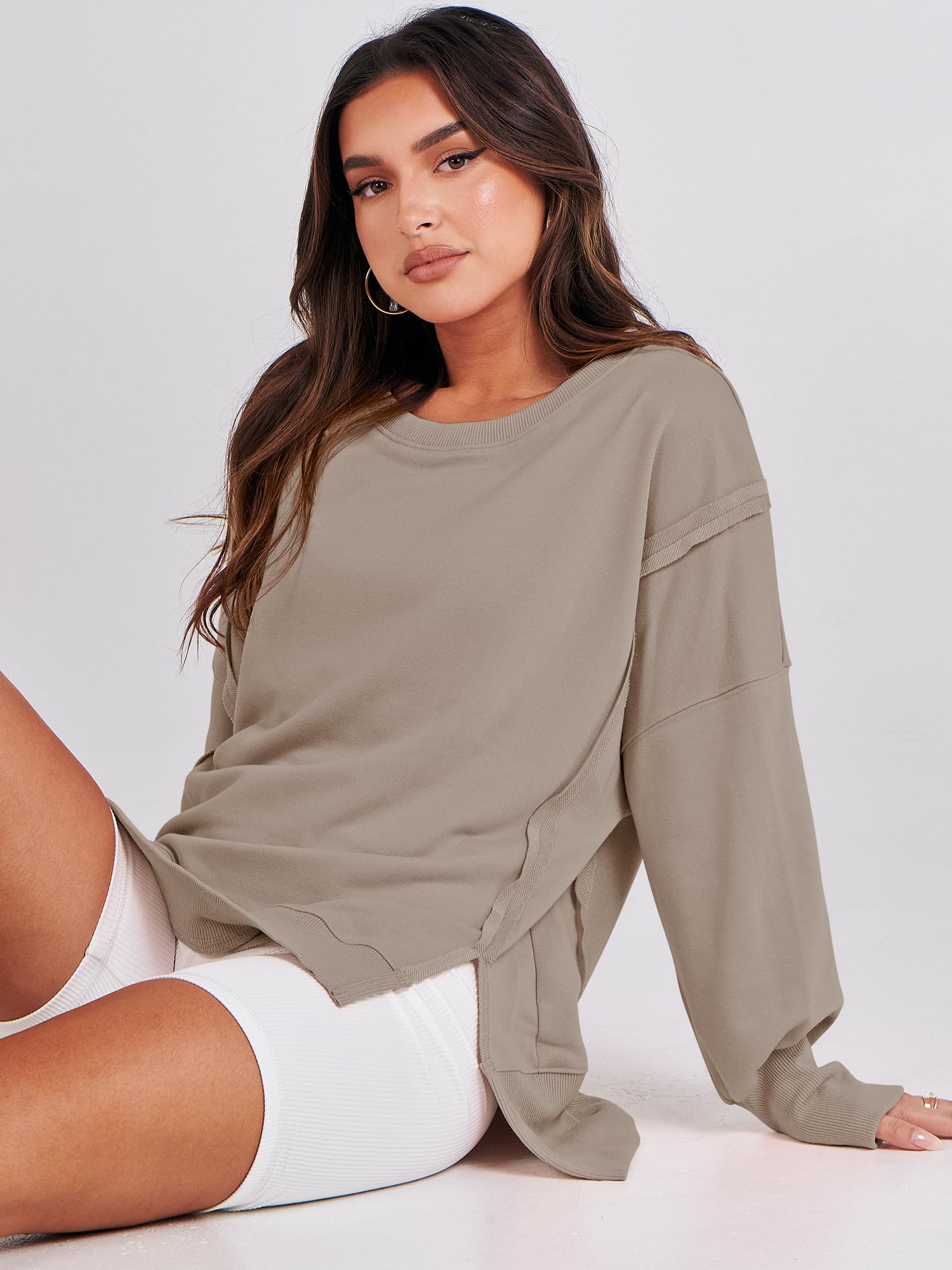 ANRABESS Women's Oversized Sweatshirt - Crew Neck Long Sleeve Casual Loose Fit Slit Tunic Top for Fall 2025 | Cozy Lounge Wear, Street Style Fashion, Layering Essential