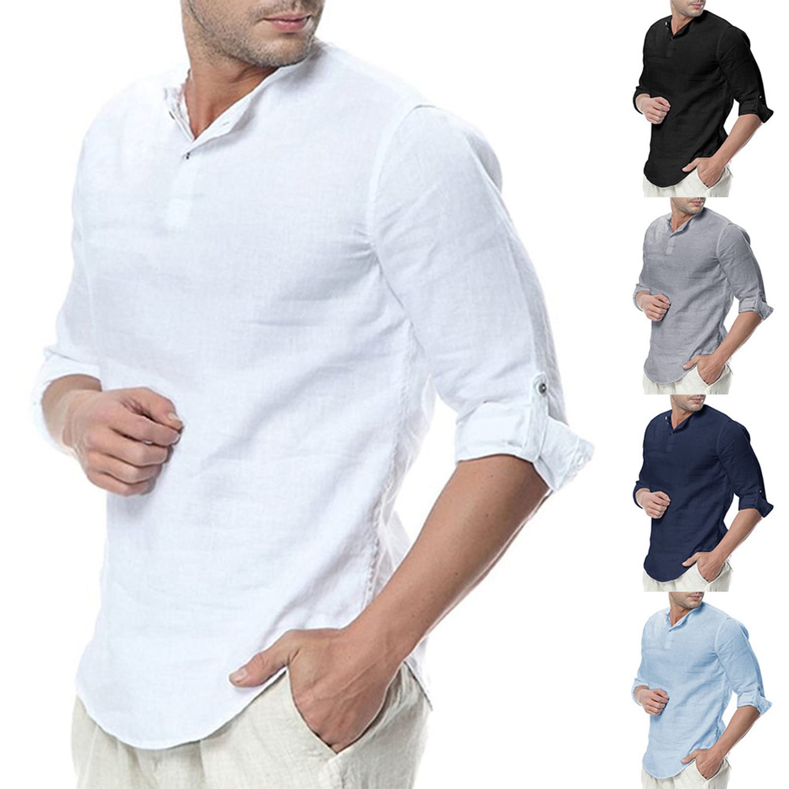 Men's Cotton Linen Henley Shirt - Long Sleeve Casual Button-Up T-Shirt with Collarless Design, Regular Fit Plain Tee for Everyday Wear | Perfect for Work, Weekend Outings & Relaxation