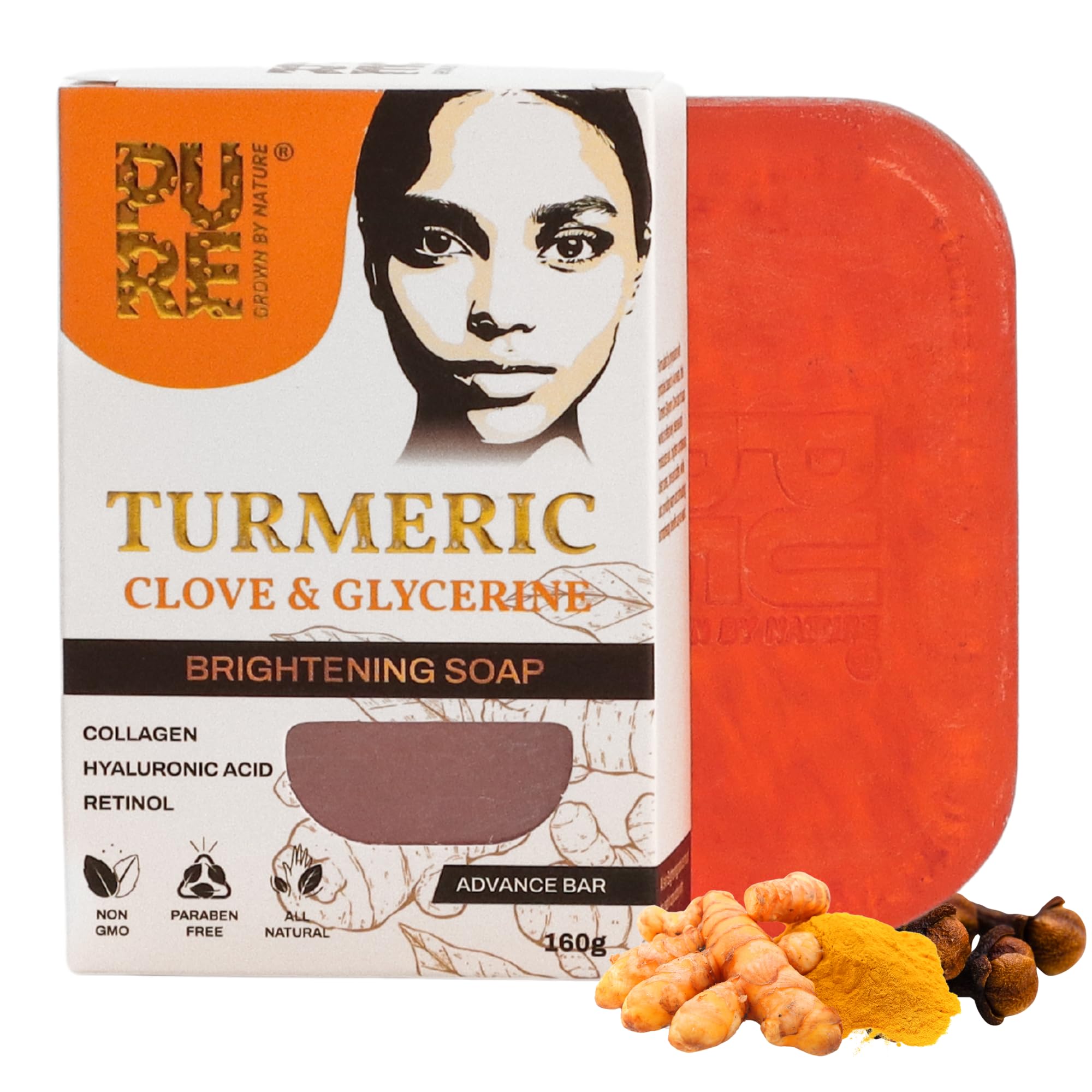 PURE GROWN BY NATURE Turmeric Clove & Glycerin Soap for Dark Spots & Acne - Natural Skin Brightening Bar with Collagen, Hyaluronic Acid & Retinol (160g) - Gentle Face & Body Cleanser for Glowing Skin, Perfect for Daily Skincare Routine