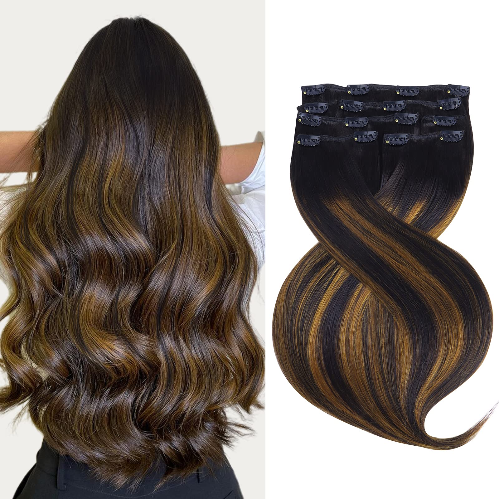 Marat Clip in Human Hair Extensions 24 Inch - 120g Straight Natural Black Mixed Chestnut Brown Hair Extensions for Women - Perfect for Daily Wear, Parties & Special Occasions
