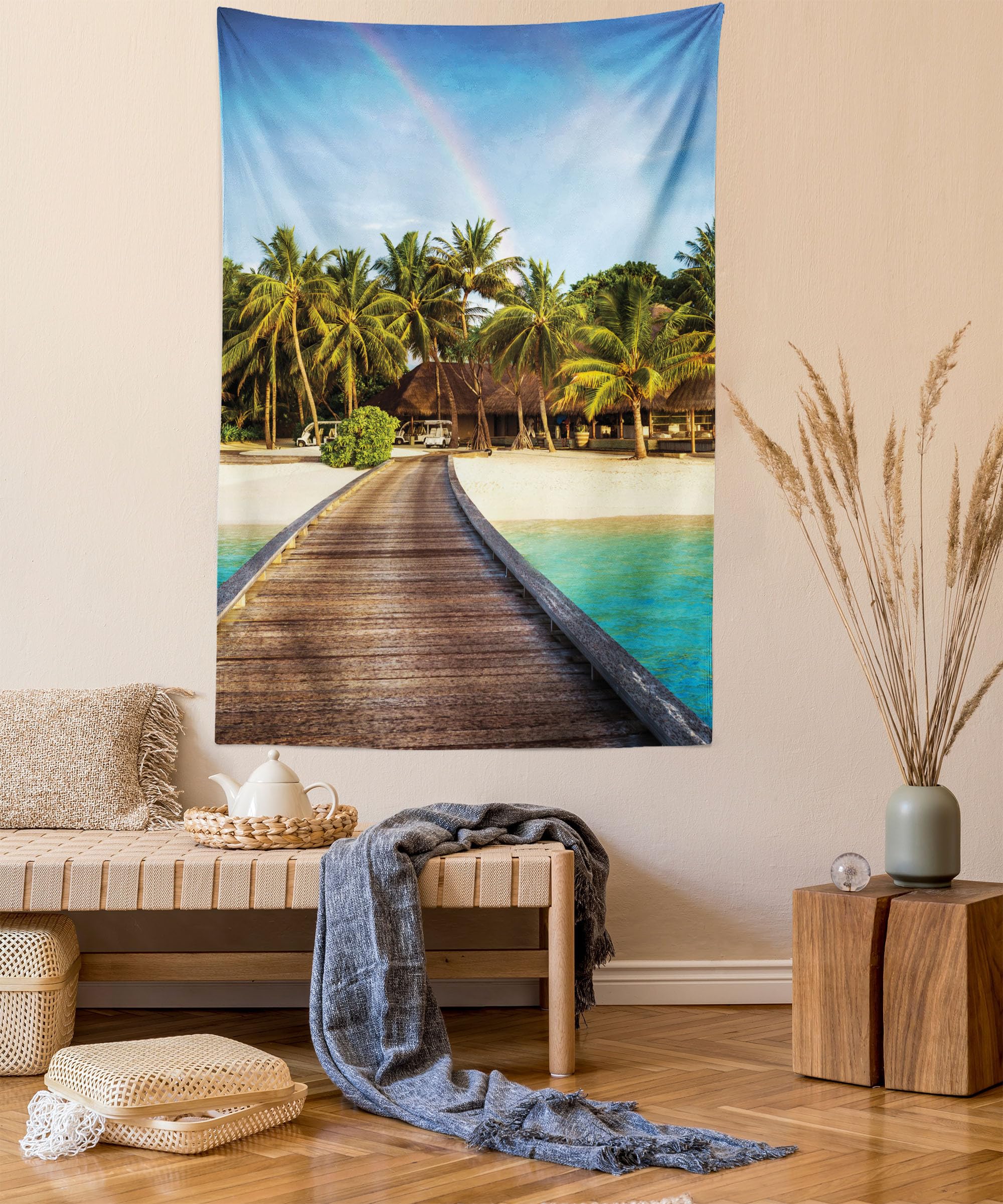 Ambesonne Beach Tapestry Wall Art - Wooden Bridge to Tropical Island with Rainbow Over Palm Trees - 40x60 Inch Brown Green Wall Hanging for Bedroom, Living Room, Dorm Decor - Perfect for Beach House, Boho Room & Vacation Themed Spaces