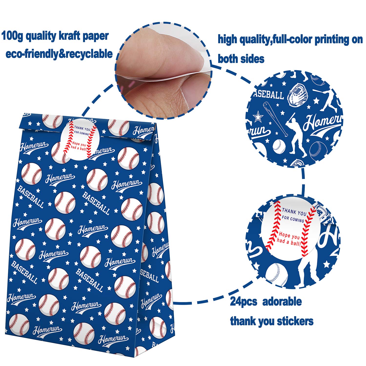 24 Pack Baseball Party Favor Bags with Stickers - Baseball Themed Goodie Bags for Birthday Parties, Sports Events & Team Treats - Perfect for Candy, Gifts & Party Supplies