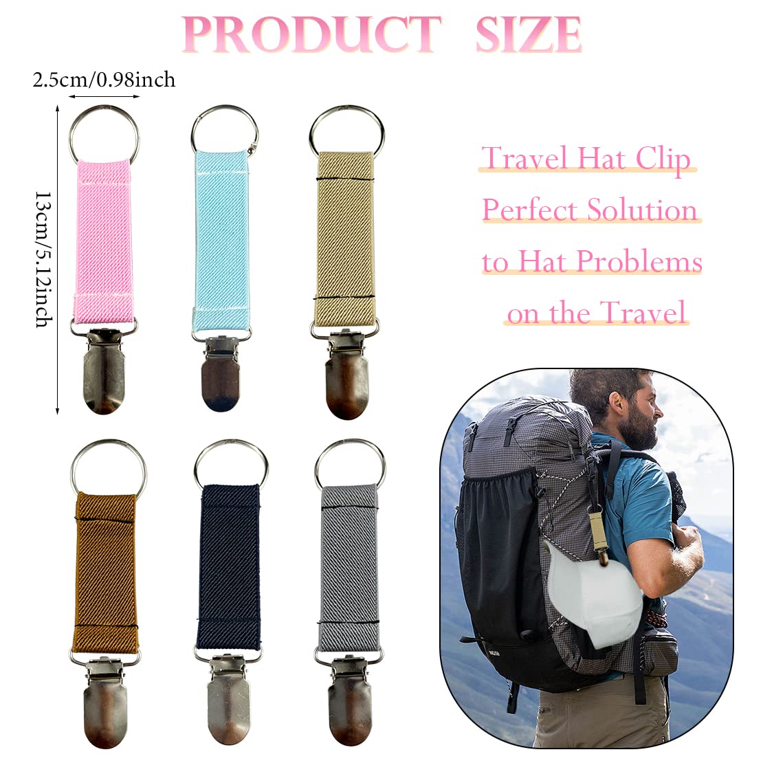 6Pcs Travel Hat Clips for Bags - Woven Fabric Luggage Cap Clips - Secure Hanging for Handbags, Backpacks & Scarves - Perfect for Outdoor Adventures, Beach Trips & Daily Commutes