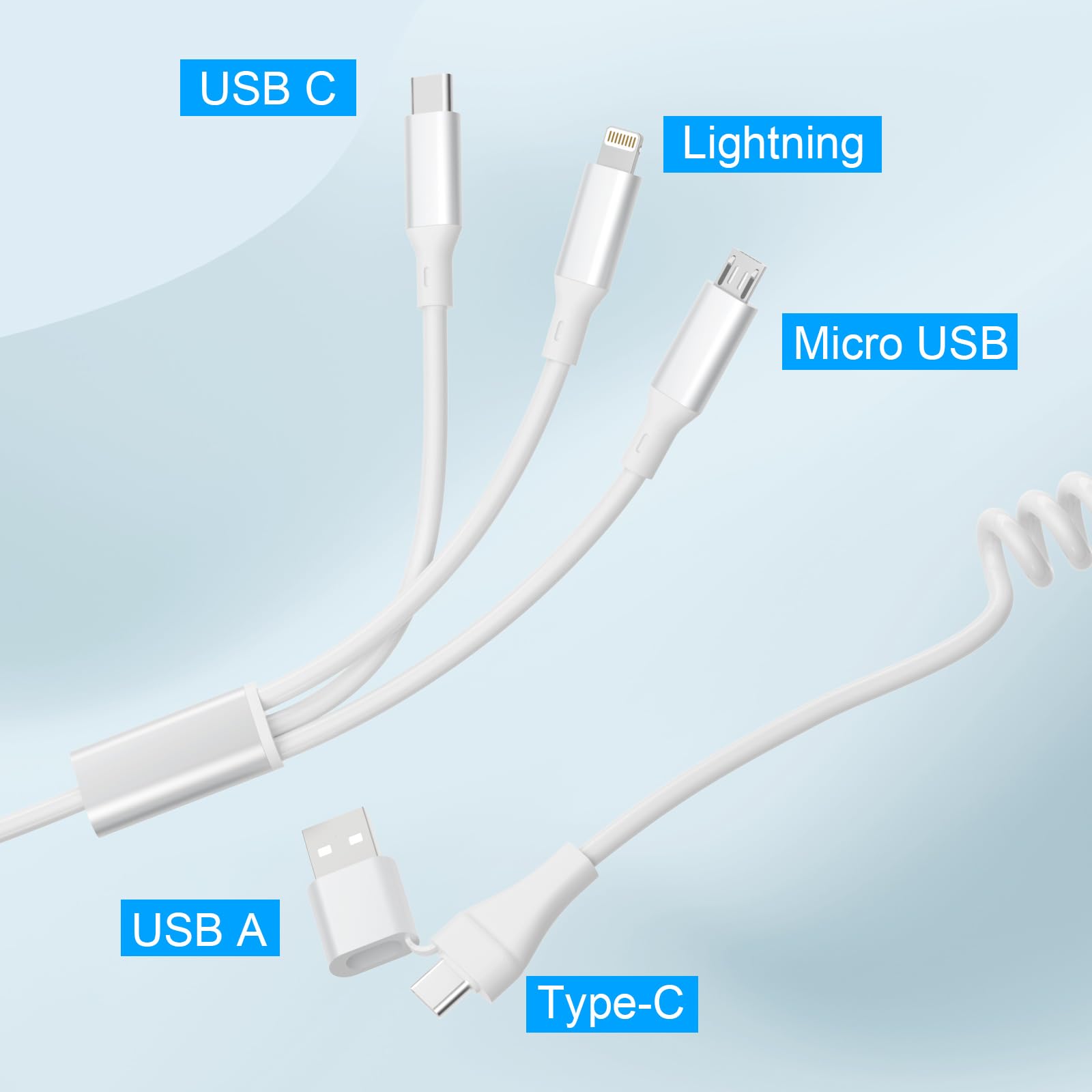 5-in-1 Multi Charging Cable with USB A & USB C to Lightning/USB C/Micro USB - Fast Charging Cord Compatible with iPhone 15 14 13 12 11 X 8 & Android Phones - White | Perfect for Home, Office, Car & Travel Charging Needs