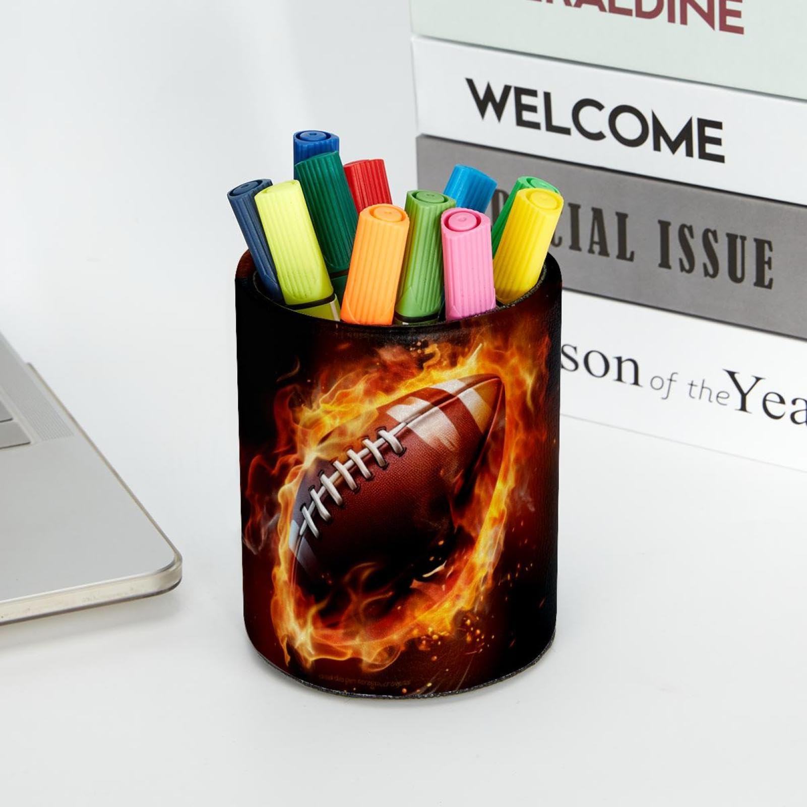Premium Pen Holder for Desk - Stylish Pen Organizer with American Football & Fire Design - Perfect Desk Accessories for Office, Home & School Use