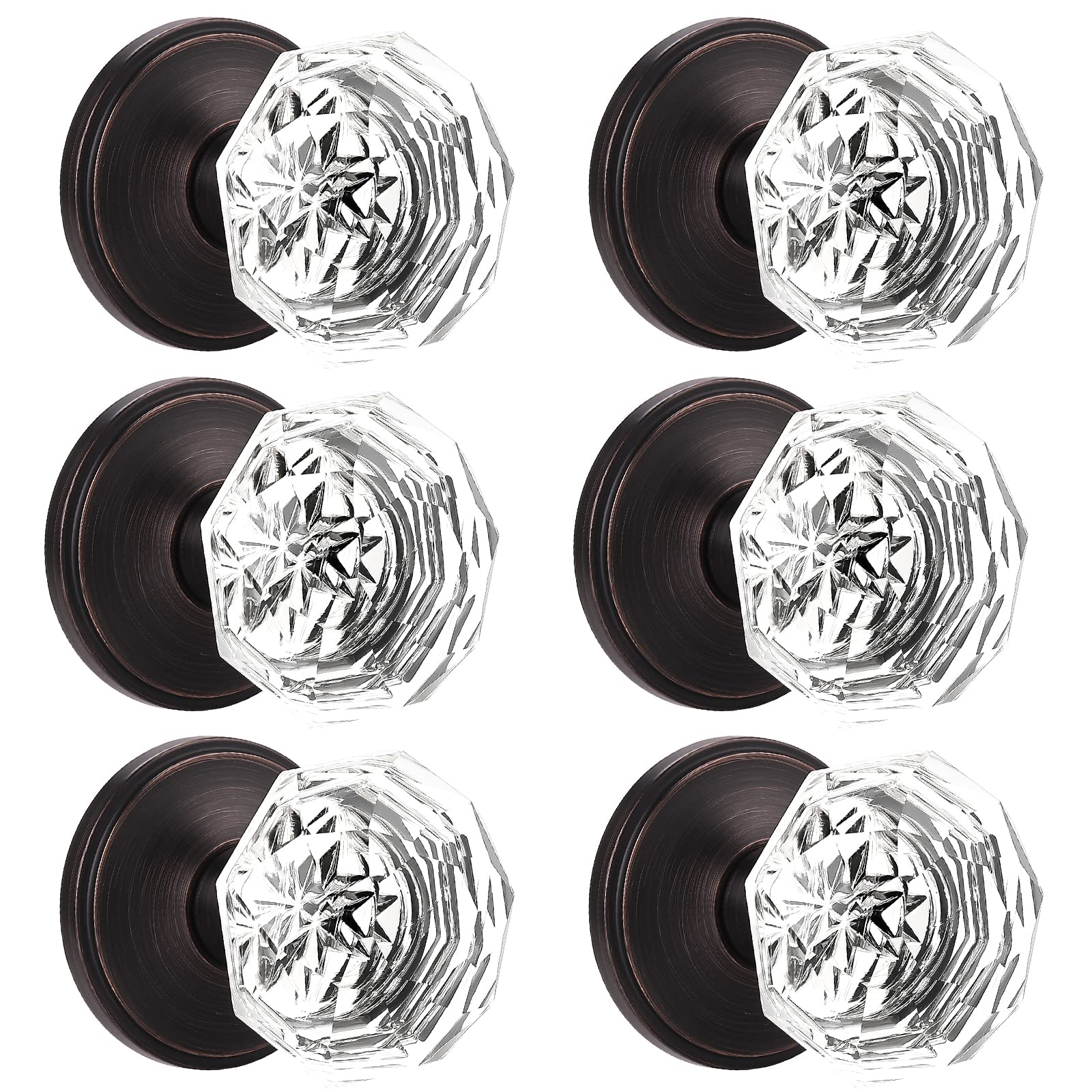 Crystal French Door Knobs 6-Pack - Keyless Interior Handles for Balcony & Pantry, Clear Glass with Zinc Alloy Oil-Rubbed Bronze Base - Perfect for Home, Office & Commercial Spaces