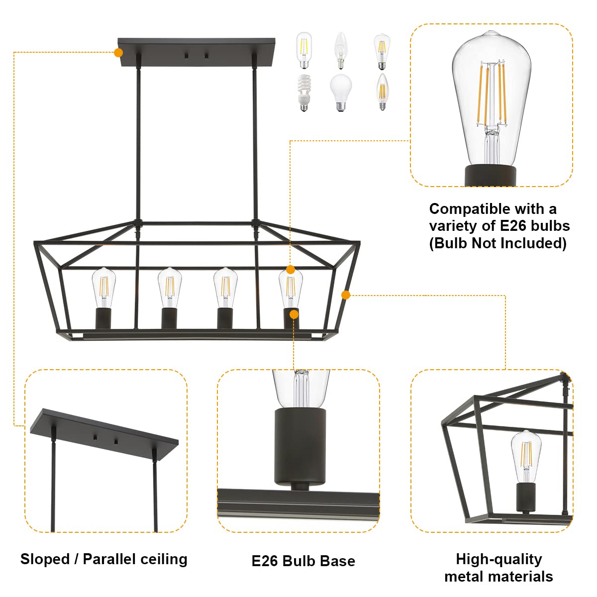 VINLUZ 4-Light Black Industrial Farmhouse Chandelier - Metal Linear Kitchen Island Pendant Light Fixture for Dining Room, Living Room, Stairway & Bar - Perfect for Modern Farmhouse, Loft & Industrial Style Decor