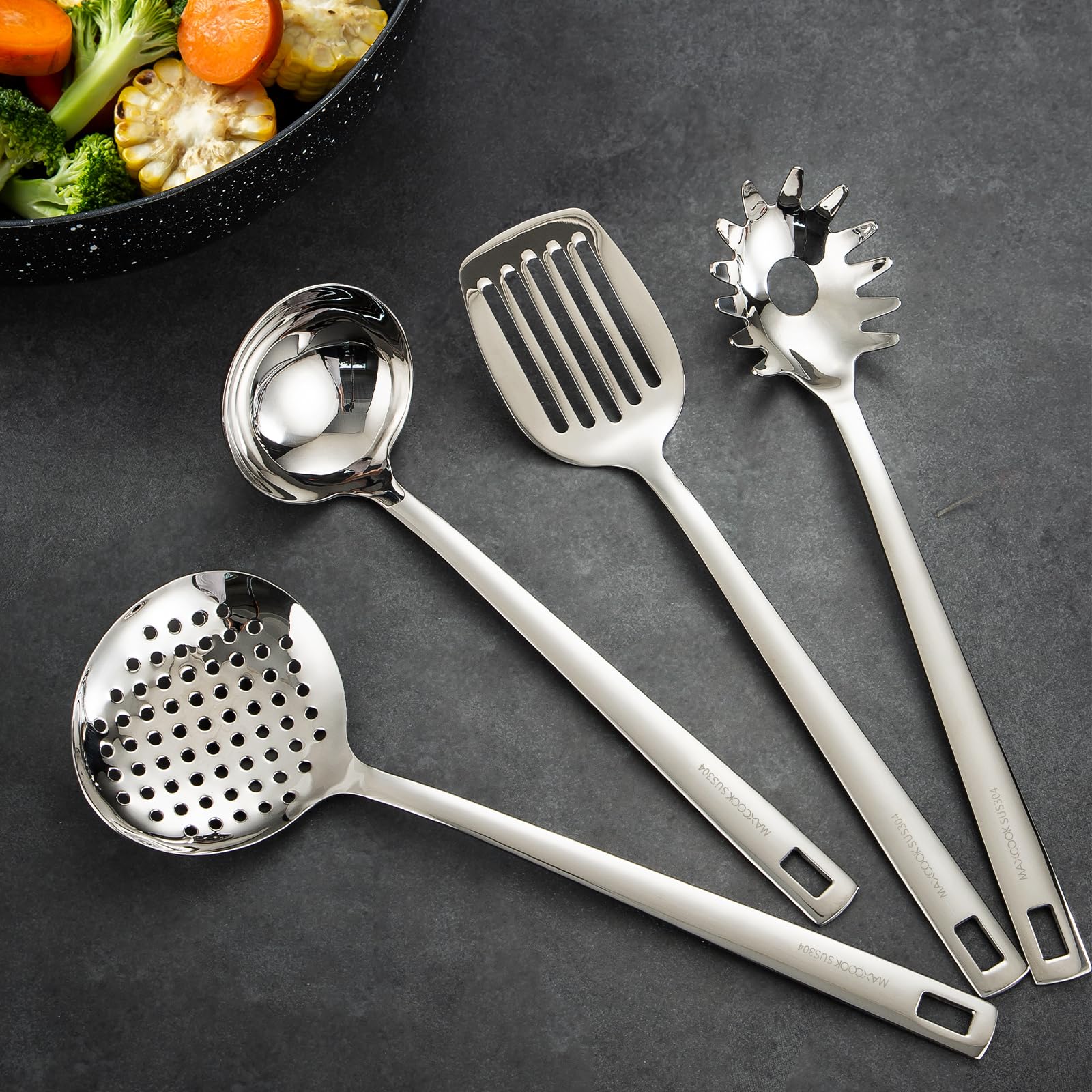 Premium Stainless Steel Cooking Utensils Set - 6-Piece Kitchen Tool Collection with Soup Ladle, Spaghetti Server, Slotted Turner & Skimmer - Mirror Polished & Dishwasher Safe - Ideal for Wok Cooking, Stir-Frying & Serving Pasta
