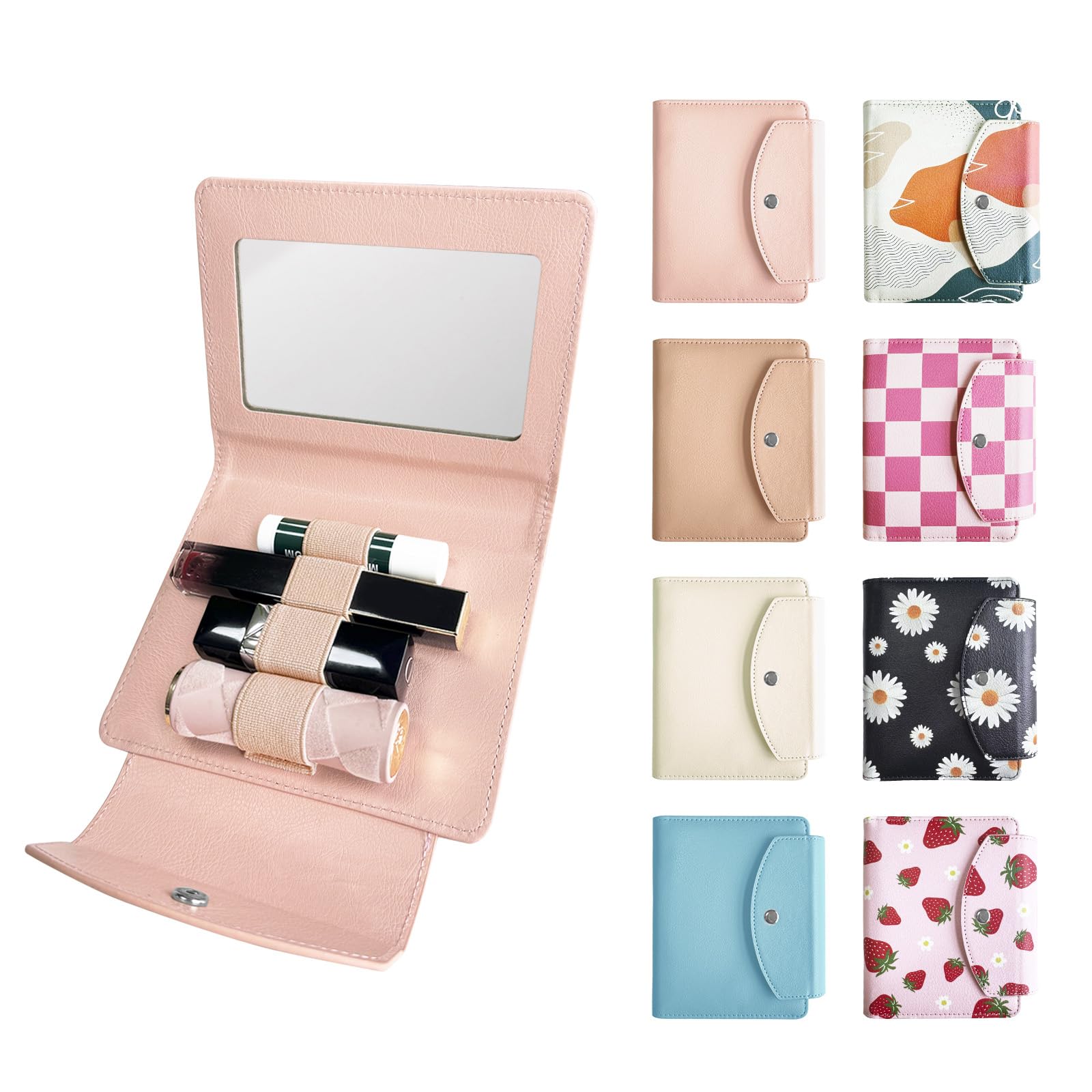 PU Lipstick Holder with Mirror - Holds 4 Long Lipsticks, Makeup Travel Organizer Case | Portable Cosmetic Pouch for Women | Perfect for Travel, Daily Use & Gift Giving