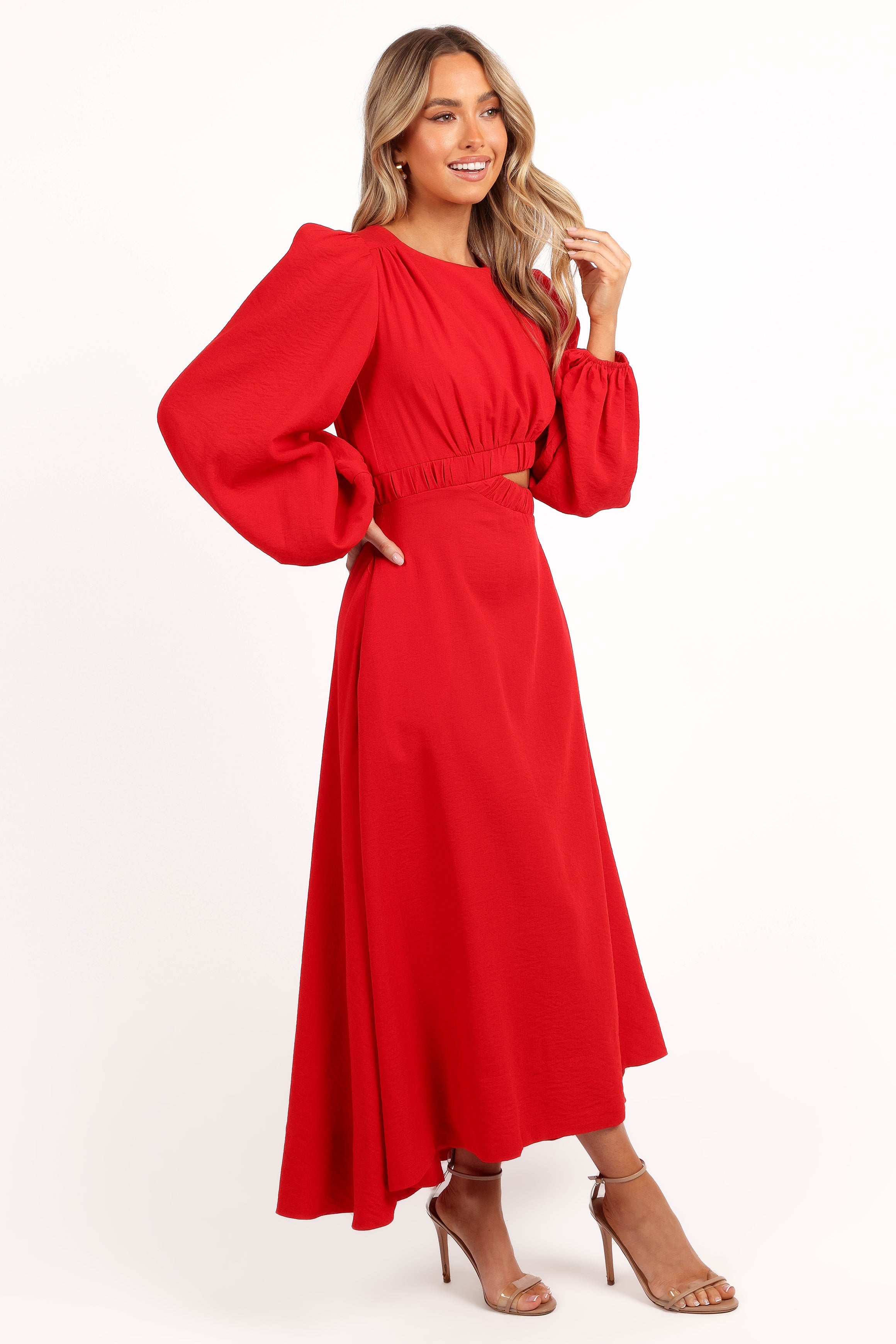 Ginnee Women's Red Puff Sleeve Cutout Midi Dress - Elegant Party & Cocktail Attire for Weddings, Date Nights & Special Occasions
