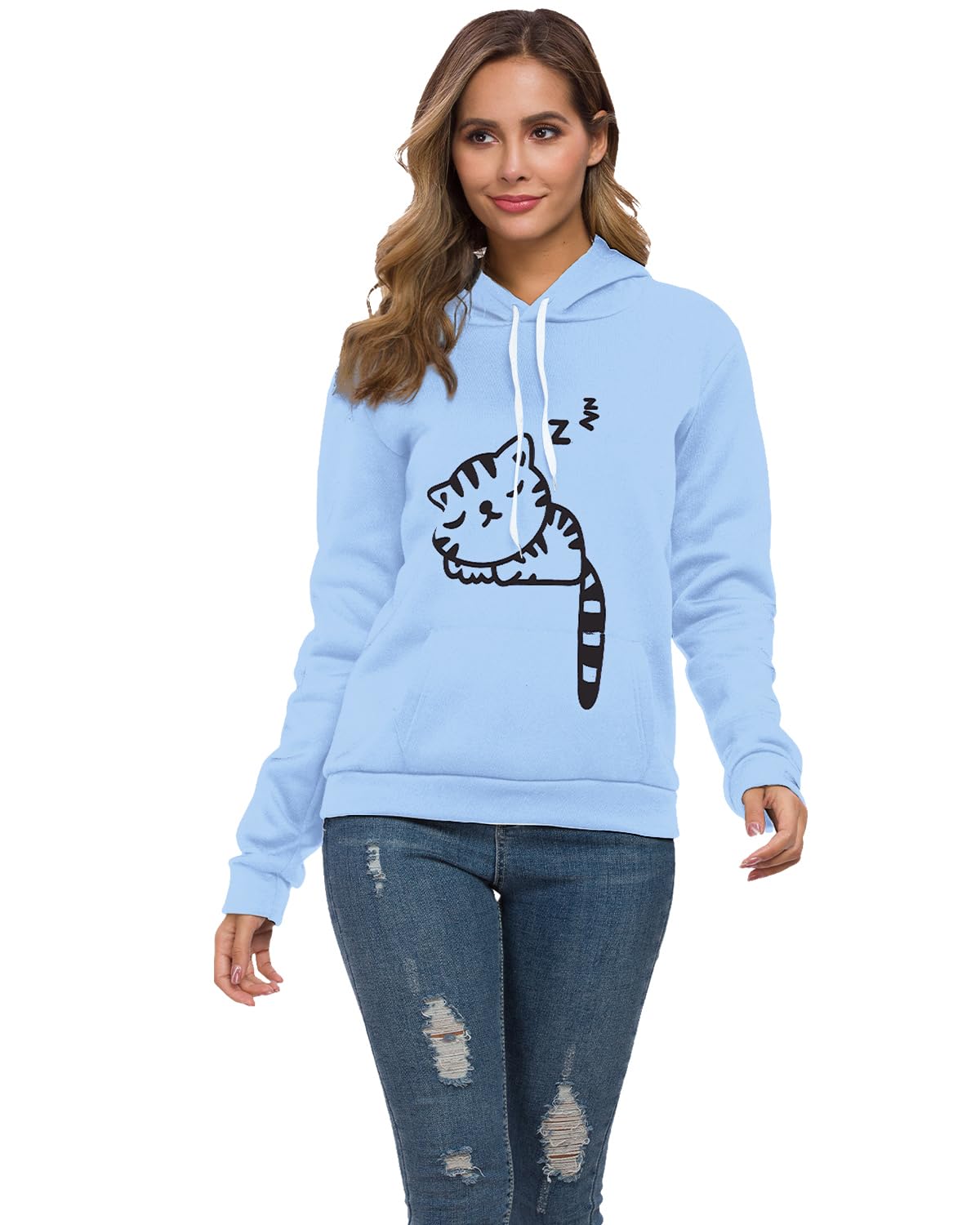 Cute Cat Ear Hoodie for Women & Teens - Soft Pullover Sweatshirt with Sleeping Cat Print | Cozy Lounge Wear & Casual Outfit for Sleepovers, Anime Conventions