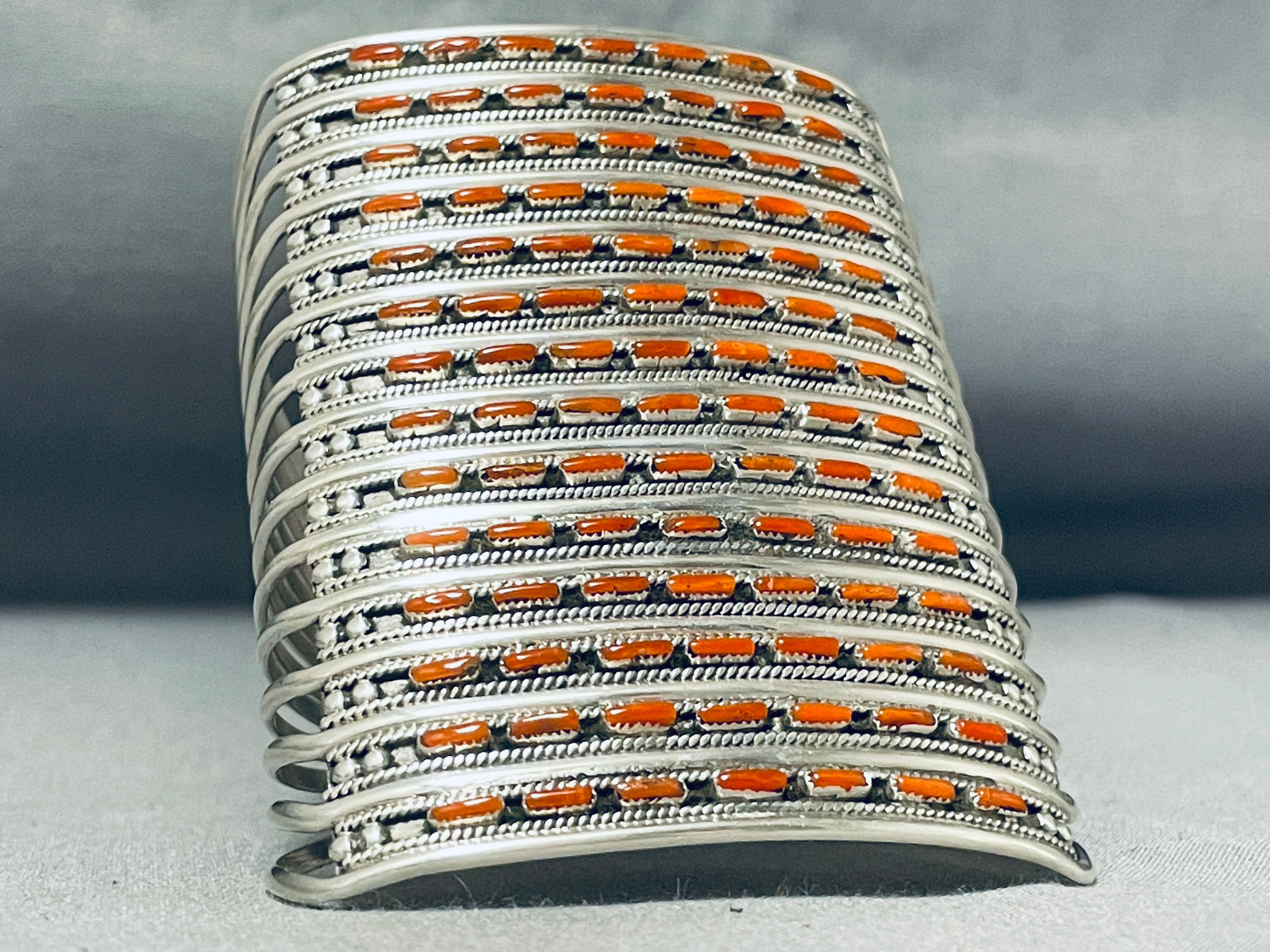 14 Story Tall Coral Native American Zuni Sterling Silver Bracelet - Handmade Southwest Jewelry for Women, Boho Chic Accessories for Festivals & Special Occasions