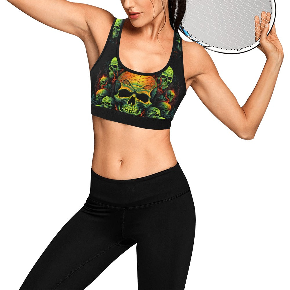 Poisonous Skulls Sports Bra for Women - High Impact Workout, Running, Gym & Yoga - Gothic Skull Print Fitness Top