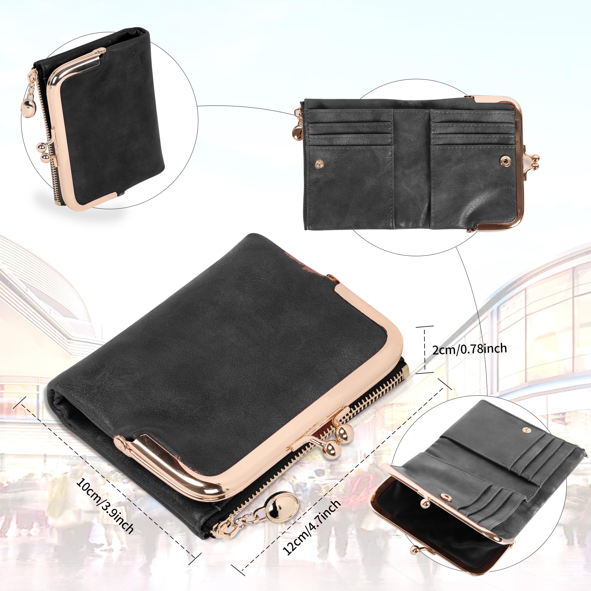 Jiusely Women's RFID Blocking Leather Wallet - Slim Bifold Zipper Purse with Kiss Lock for Credit Cards & Cash (Black) | Perfect for Travel, Shopping & Everyday Use