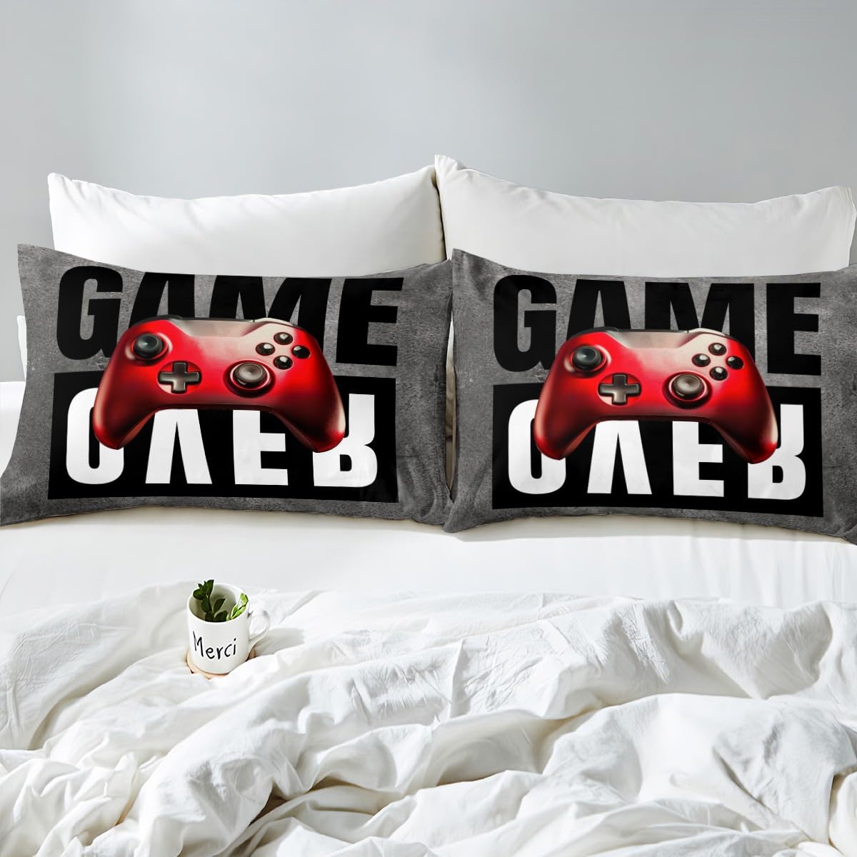 Boys Gamer Duvet Cover Twin Size - Reversible Red Video Game Controller Design with Pillowcase - Perfect for Kids & Teens Bedroom Decor, Gaming Room Setup - Soft Comforter Cover Set (2-Piece, Grey) - Great Christmas Gift for Gamers