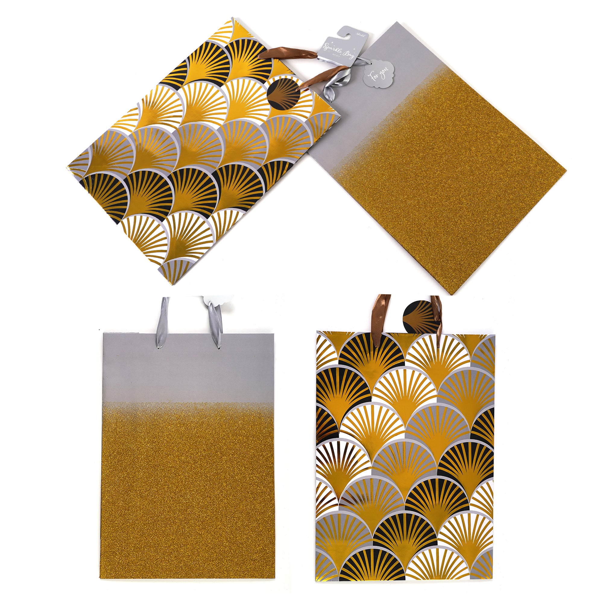2-Pack Extra Large Holiday Gift Bags - Gold & Silver Ombre Glitter & Hot Stamp Designs for Christmas, Birthday, Party Favors & Special Occasions