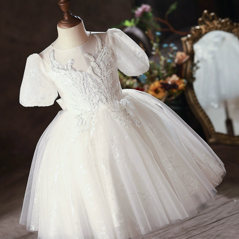 White Princess Round Tea Length Lace Flower Girl Dress for Weddings, Bridal Showers & Special Occasions