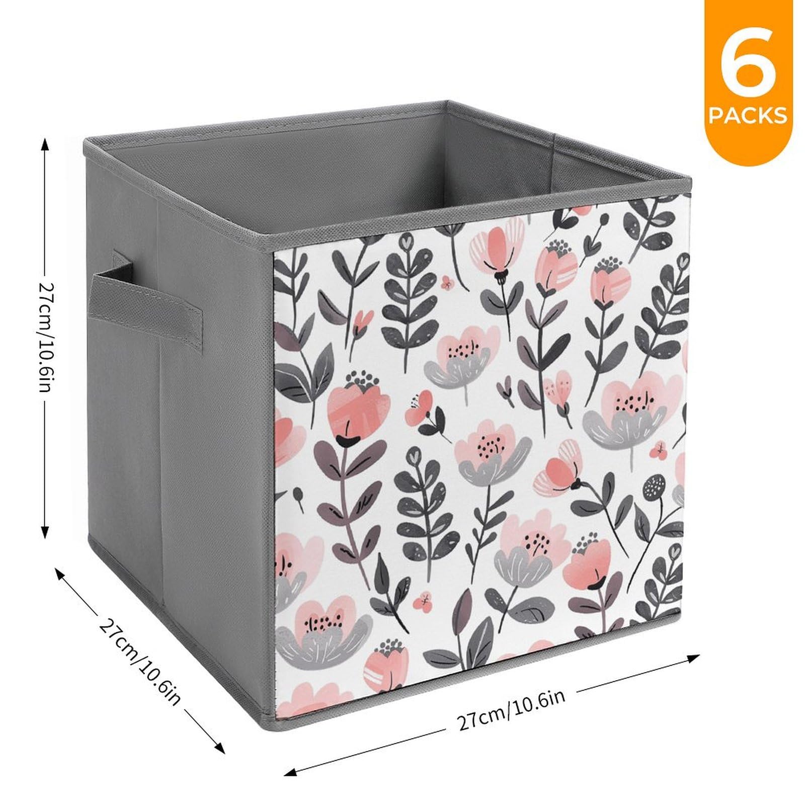 6-Pack Collapsible Storage Bins with Handles - Peach Blossom Printed Foldable Organizer Boxes for Home, Closet, Pantry & Shelf Organization - Space Saving Storage Baskets for Household, Office & Kids Room