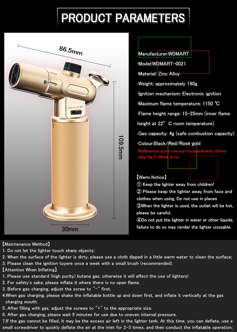WDMART-US Windproof Refillable Butane Gas Lighter - Dual Turbo Direct Injection Metal Lighter with Fixed Flame Function for Cooking, Camping & Outdoor Use (Gold) | Gas Not Included