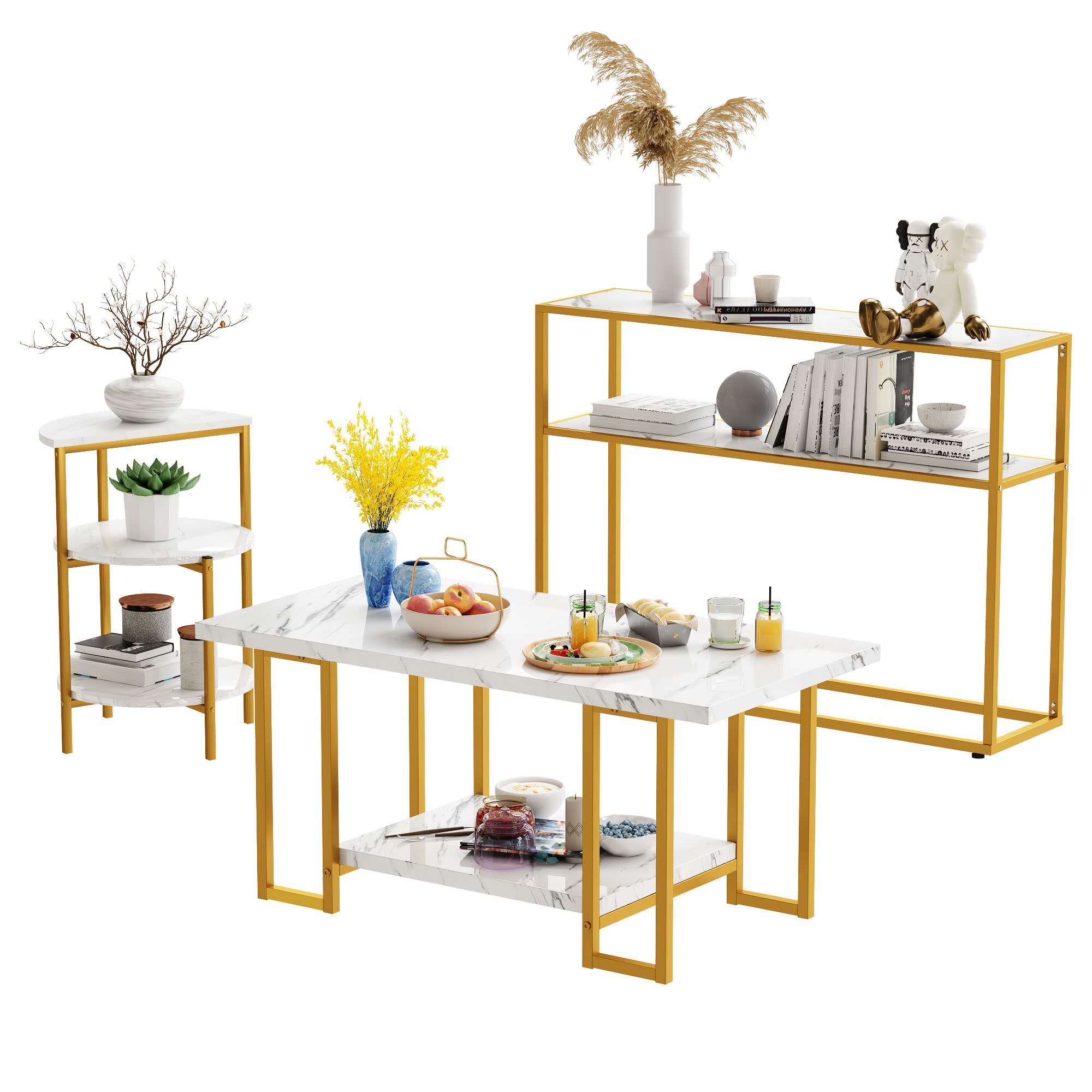 MIERES 3-Piece Faux Marble Coffee Table Set - Modern Living Room Furniture with Semicircle End Table & Sofa Side Console Table, Storage Shelves & Sturdy Metal Frame, White & Gold - Perfect for Small Spaces, Apartments & Cozy Home Decor