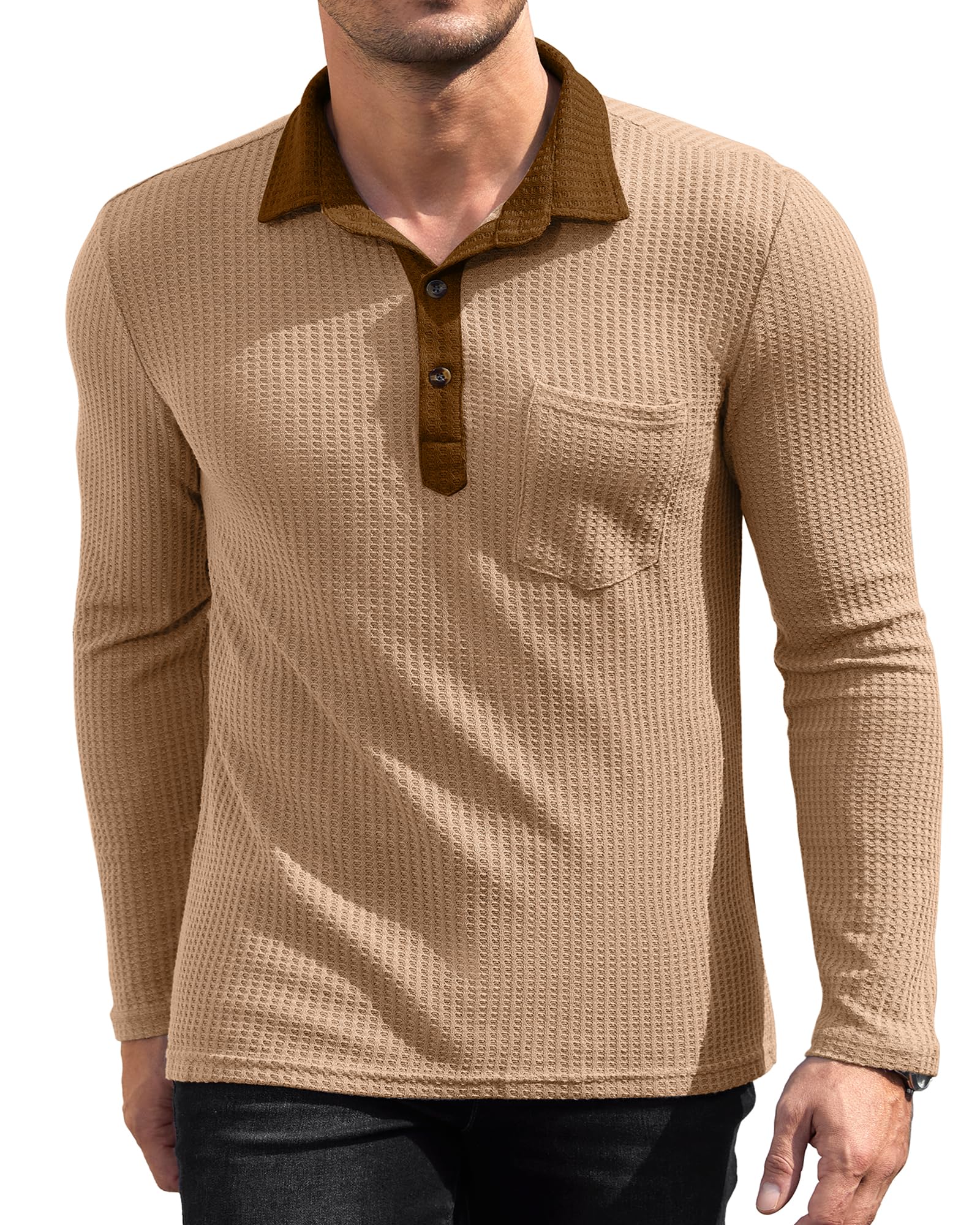 Men's Slim Fit Long Sleeve Knit Polo Shirt - Lightweight Waffle Texture Casual Shirt with Pocket | Perfect for Office Wear, Business Casual & Weekend Outings