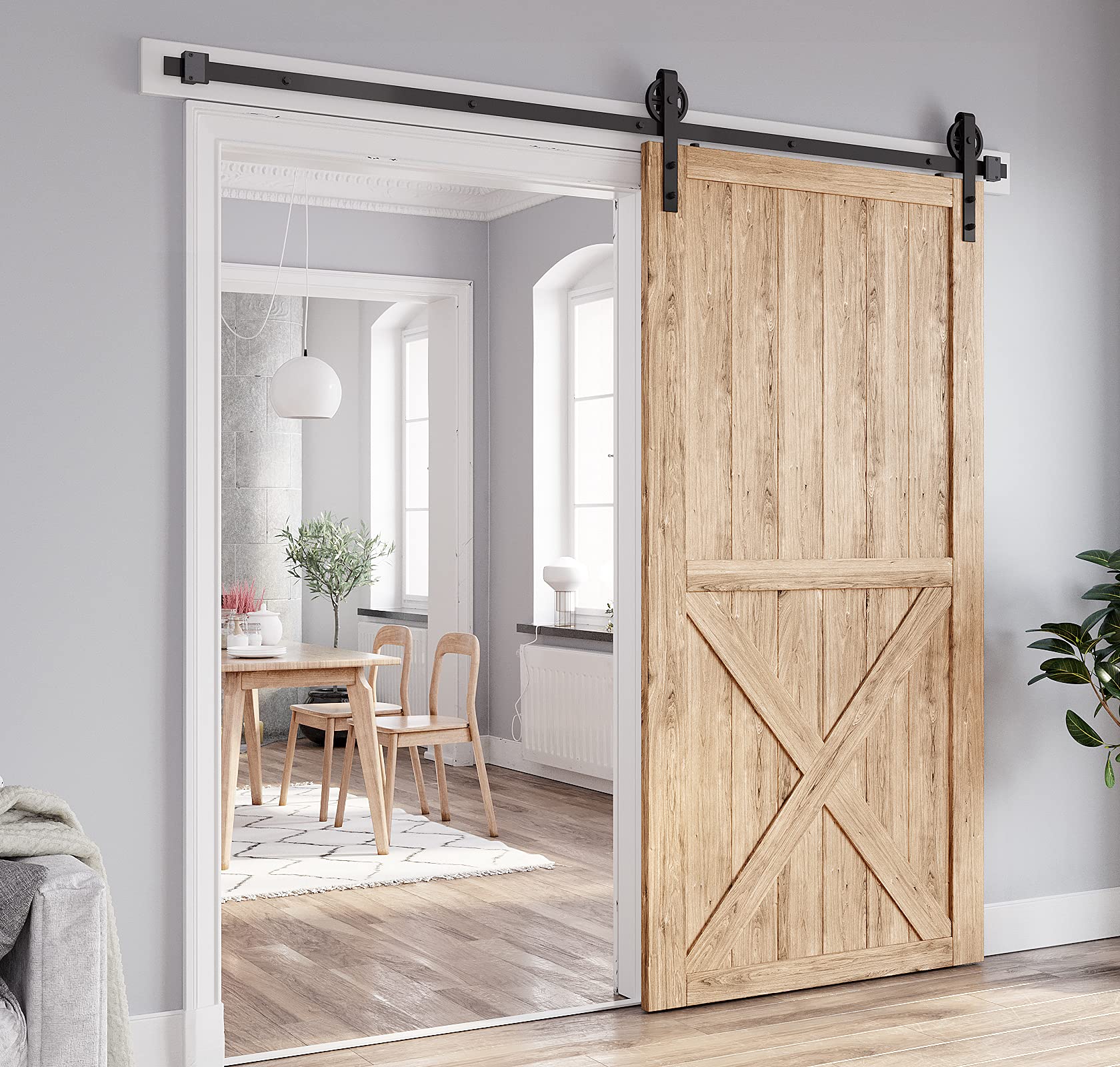 8FT Heavy Duty Sliding Barn Door Hardware Kit - Industrial Big Wheel J Hangers for Wood Single Doors (Fits 1 3/8