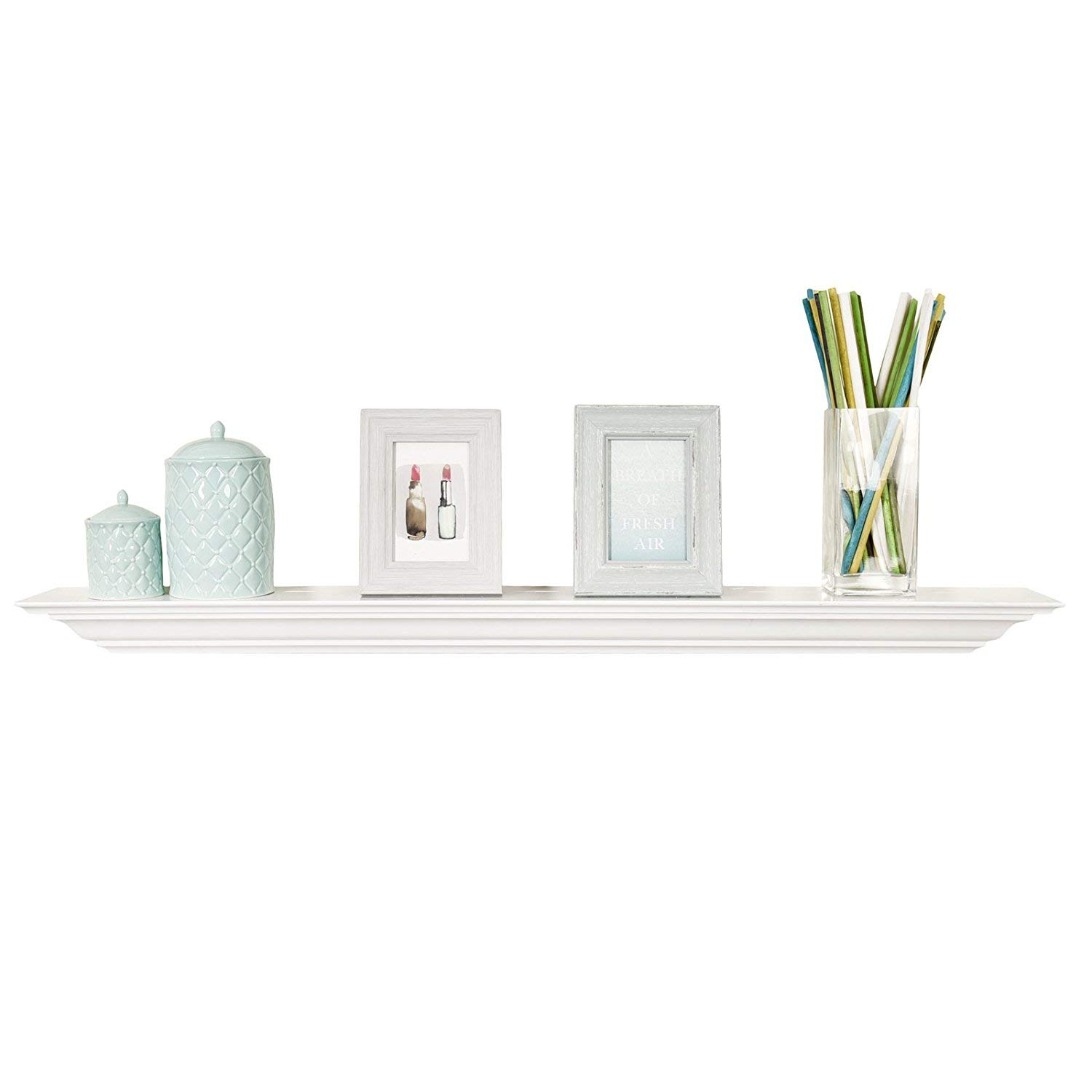 WELLAND 48 Inch White Pine Wood Fireplace Mantel Shelf - Wall Mounted Floating Shelf with Corona Crown Molding - Perfect for Living Room, Bedroom & Home Decor (Picture Ledge Shelves)