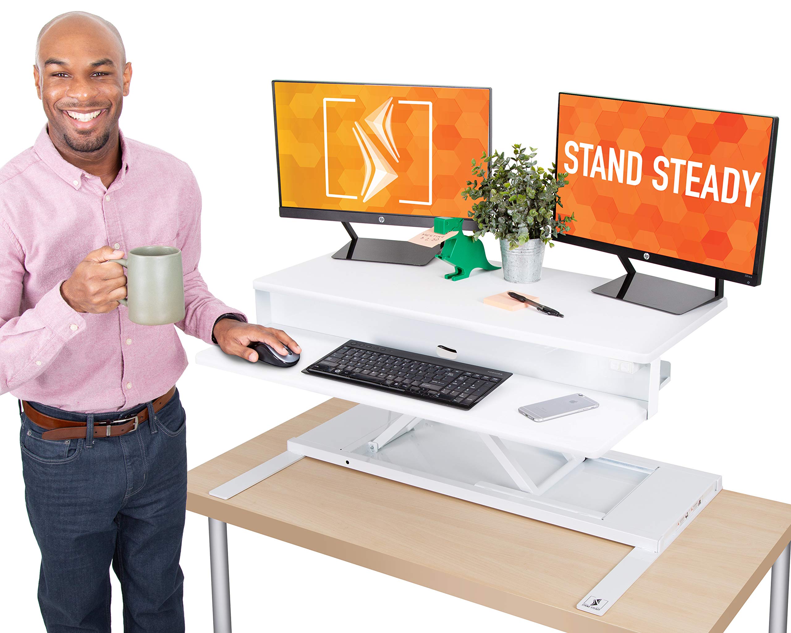 Flexpro Power 36 Inch Electric Standing Desk Converter - Dual Level Adjustable Sit Stand Workstation with Keyboard Tray & Monitor Riser | Holds 2 Monitors | Ergonomic Home Office & Gaming Setup (White, 36