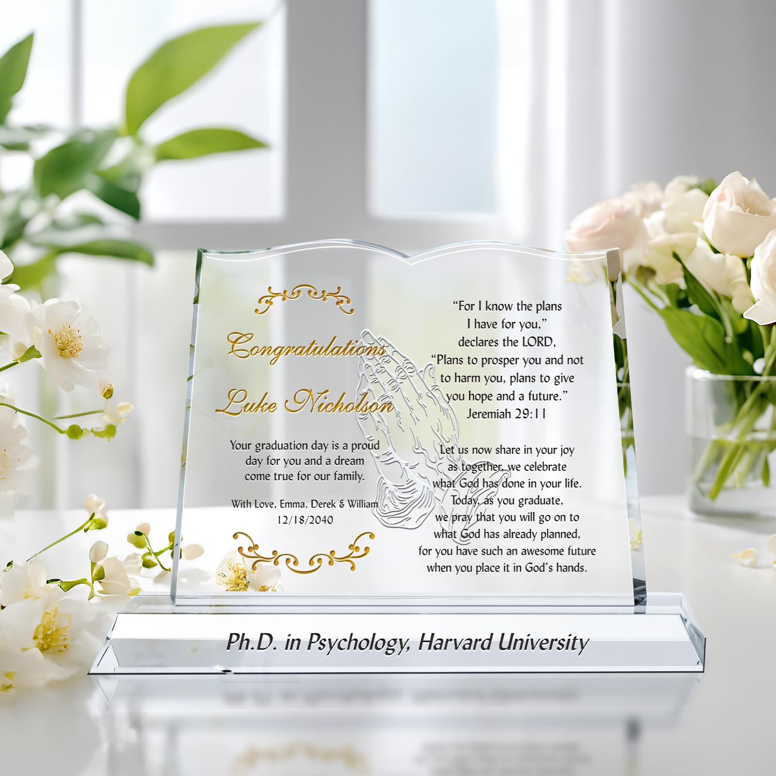 Custom Engraved Crystal Bible College Graduation Gift - Personalized with Praying Hands, Scripture Verse, Name, Degree & School - 12