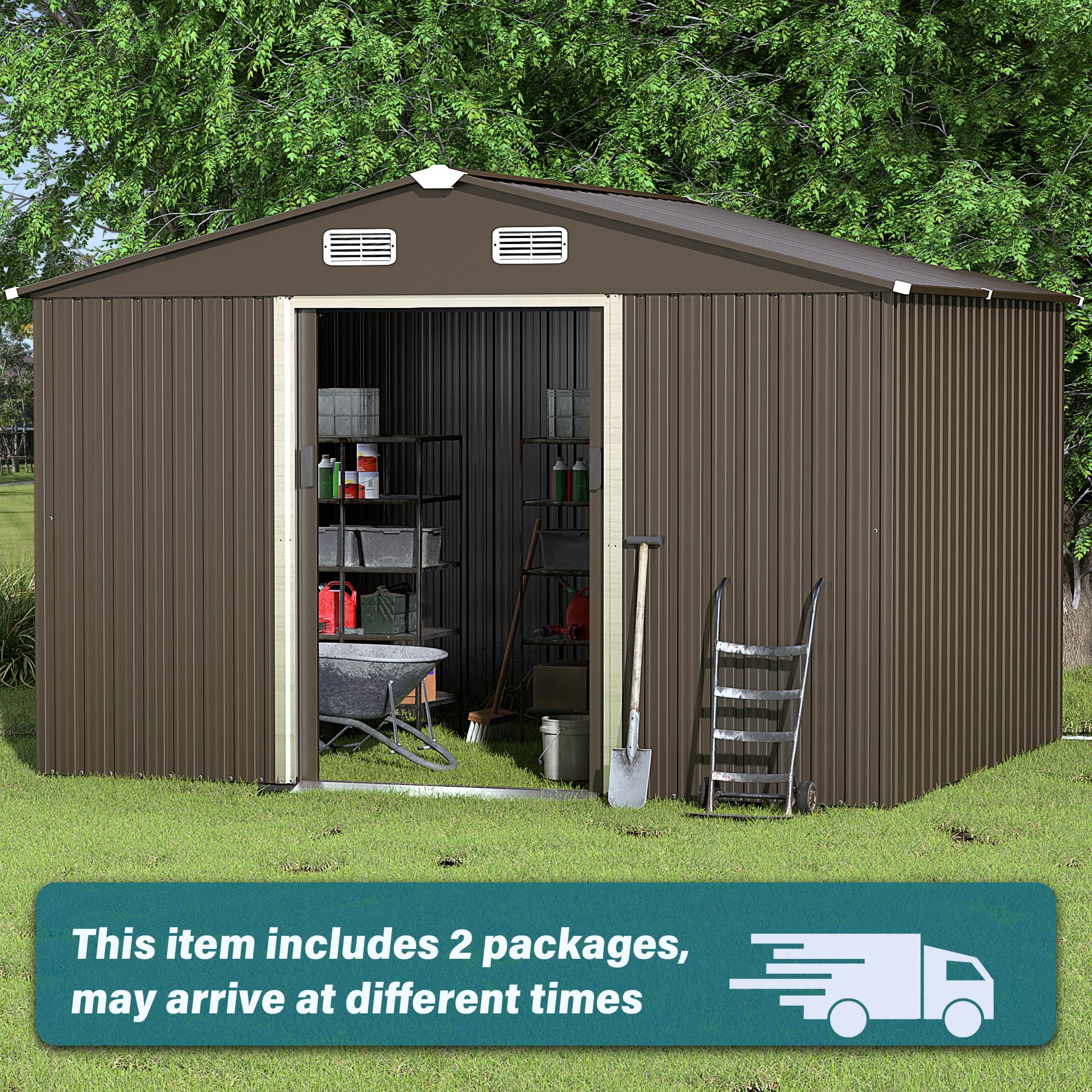 10FT x 8FT Metal Storage Shed with Lockable Sliding Doors & Air Vent - Outdoor Garden Shed for Backyard, Patio, Lawn - Perfect for Tiny House Utility, Tool Storage & Outdoor Equipment Organization