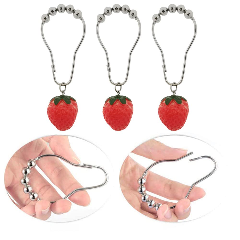 12 Pack Stainless Steel Strawberry Shower Curtain Hooks - Rustproof Bathroom Shower Rings with Cute Resin Fruit Pendants for Girls, Kids & Women (Fruit Series Design) - Perfect for Bathroom Decor, Baby Showers & Themed Bedrooms