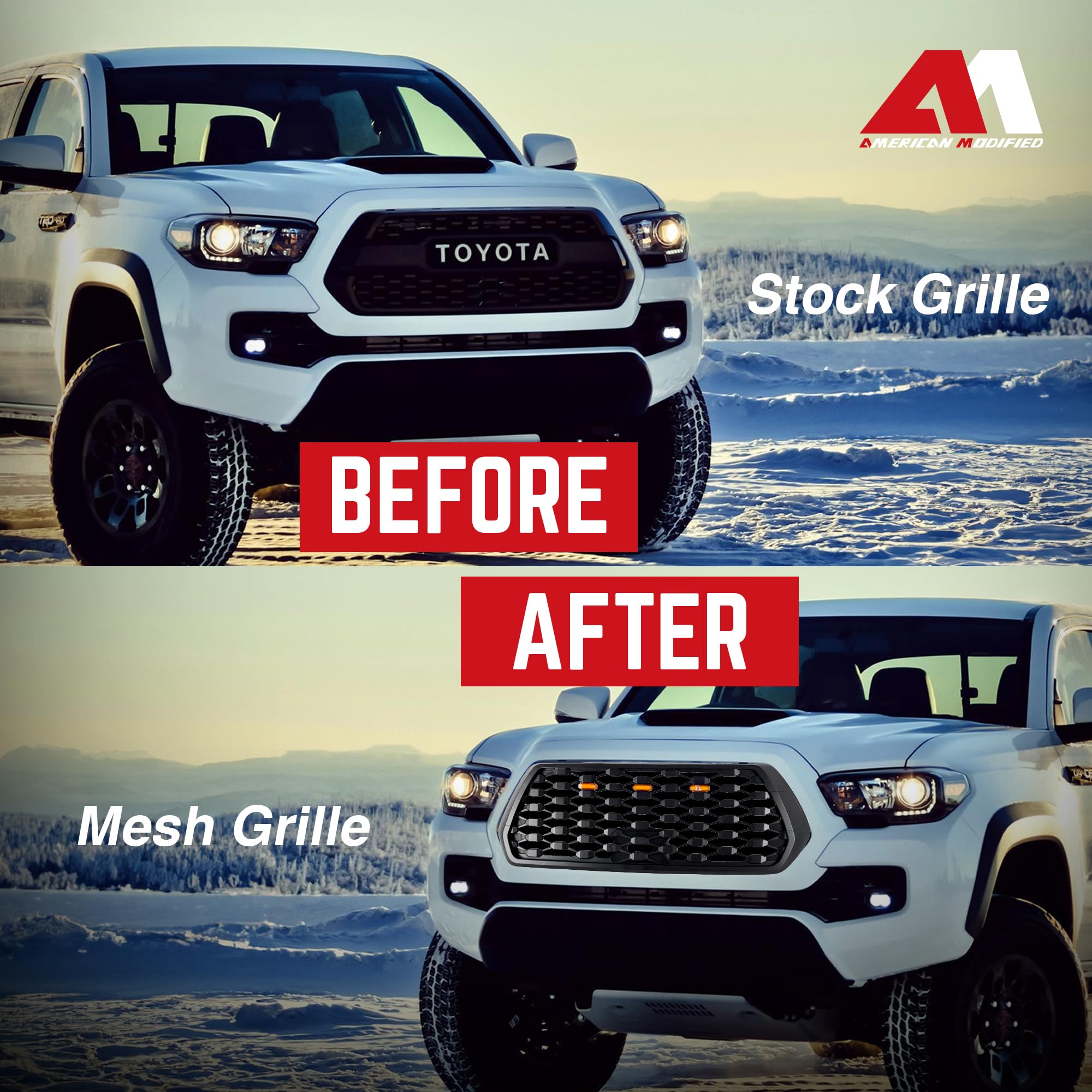 2016-2023 Toyota Tacoma Front Hood Bumper Replacement Grille with LED Lights - American Modified Style (Excludes Trucks with Radar Behind Emblem) | Off-Road Upgrade & Custom Look