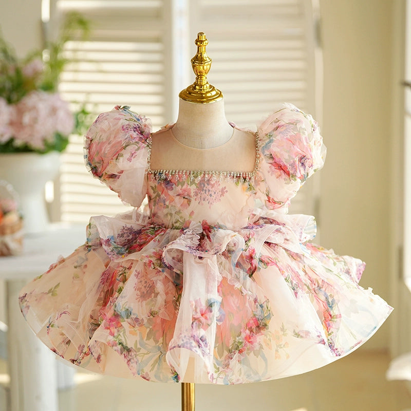 Elegant Floral A-Line Flower Girl Dress with Puff Sleeves - Perfect for Weddings, Baptisms & Special Occasions