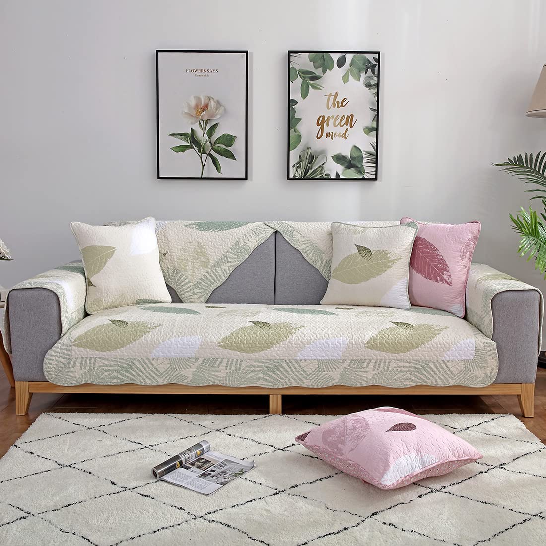 VCTOPS Farmhouse Country Leaf Pattern Cotton Quilted Sofa Cover - Non-Slip Soft Comfy Sectional Couch Slipcover Furniture Protector (Green Leaf, 28