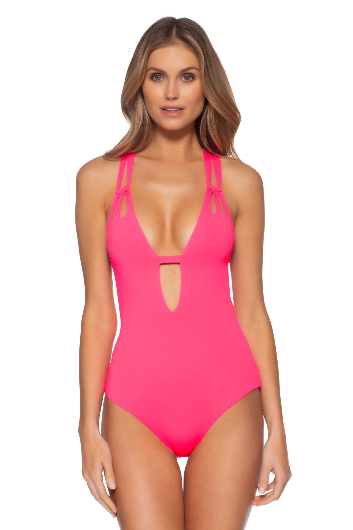 Rebecca Virtue Women's Skylar Plunge One Piece Swimsuit - Pink Punch, Sexy High Cut Bathing Suit for Beach, Pool & Vacation, Tummy Control Swimwear for Women