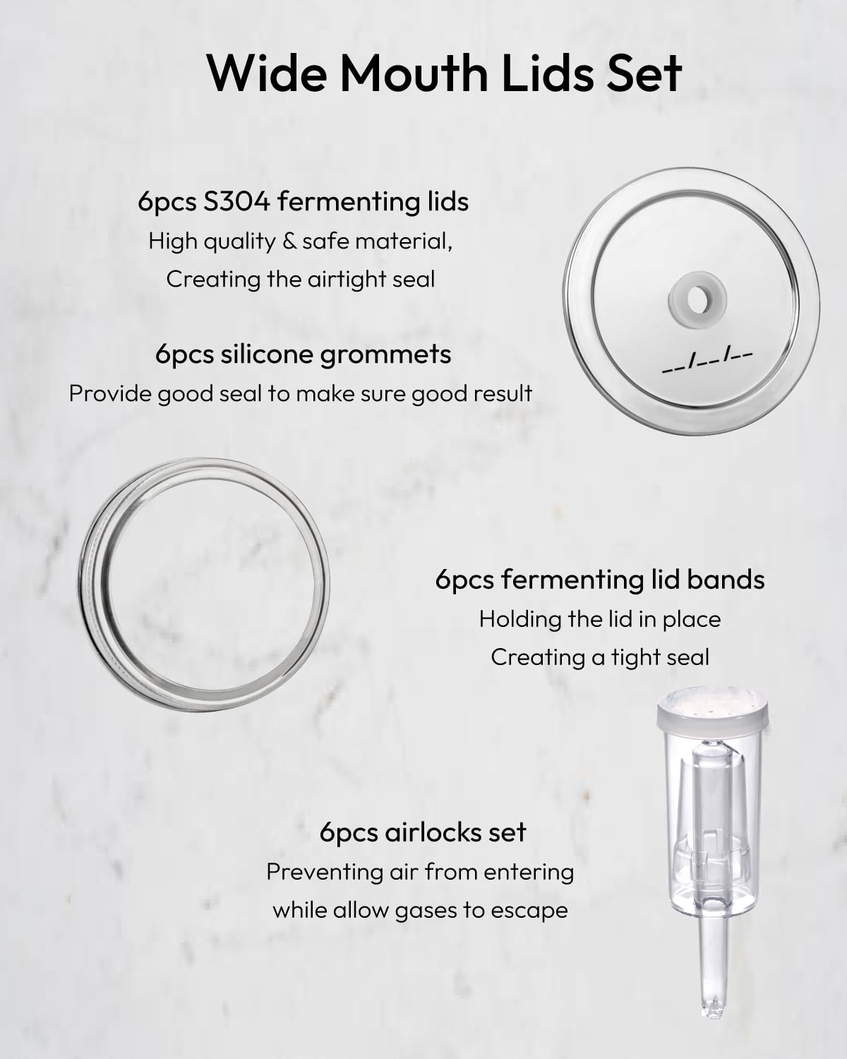 Jillmo 6-Pack Wide Mouth Mason Jar Fermentation Lids Kit - BPA-Free Airlock Lids for Pickling, Fermenting Vegetables & Kombucha - Perfect for Home Brewing, Canning & Food Preservation (Jars Not Included)