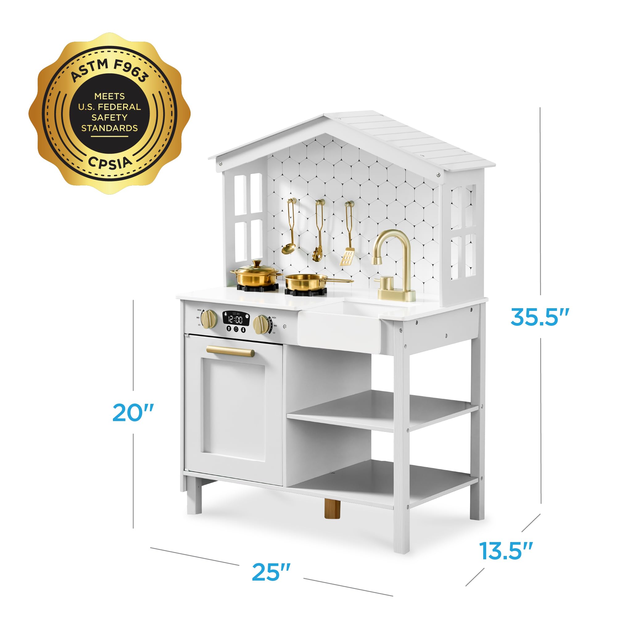 Best Choice Products Wooden Farmhouse Pretend Play Kitchen Set for Kids - Toy Storage, Clicking Knobs, Windows & 5 Accessories - Beveled White | Perfect for Imaginative Play, Preschool Learning & Toddler Role-Playing Games