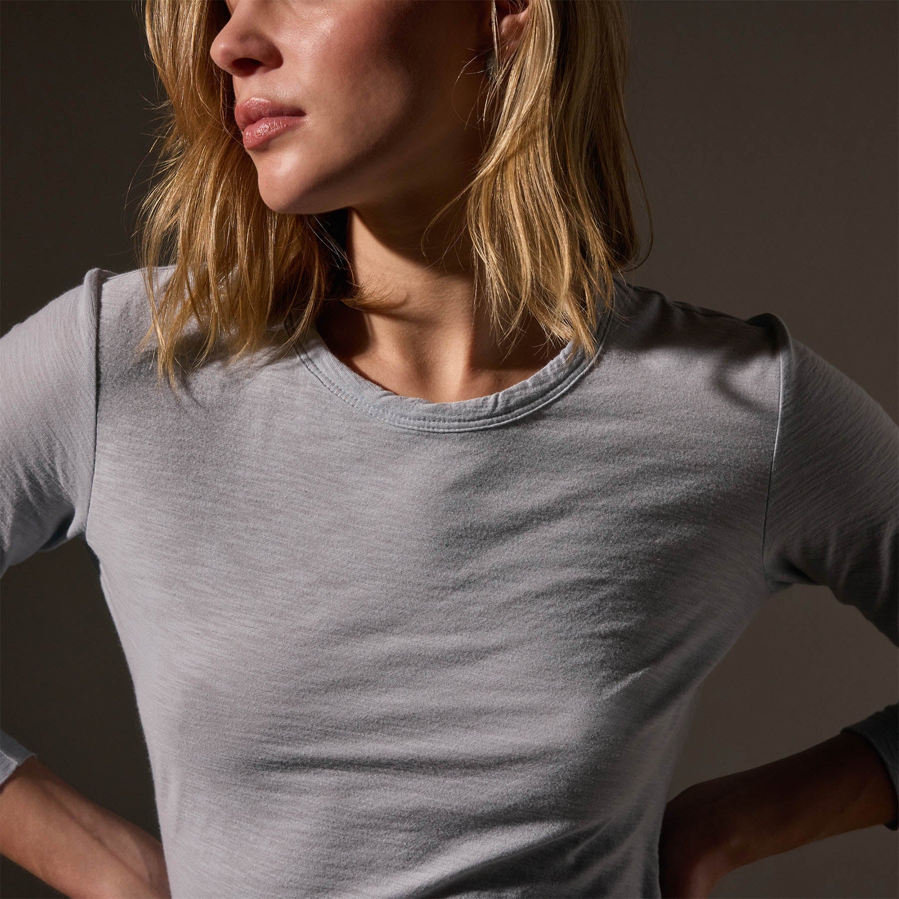 Sheer Slub Long Sleeve Crew Neck T-Shirt for Women - Soft Breathable Grey Glacier Casual Top for Everyday Wear, Layering & Office Outfits