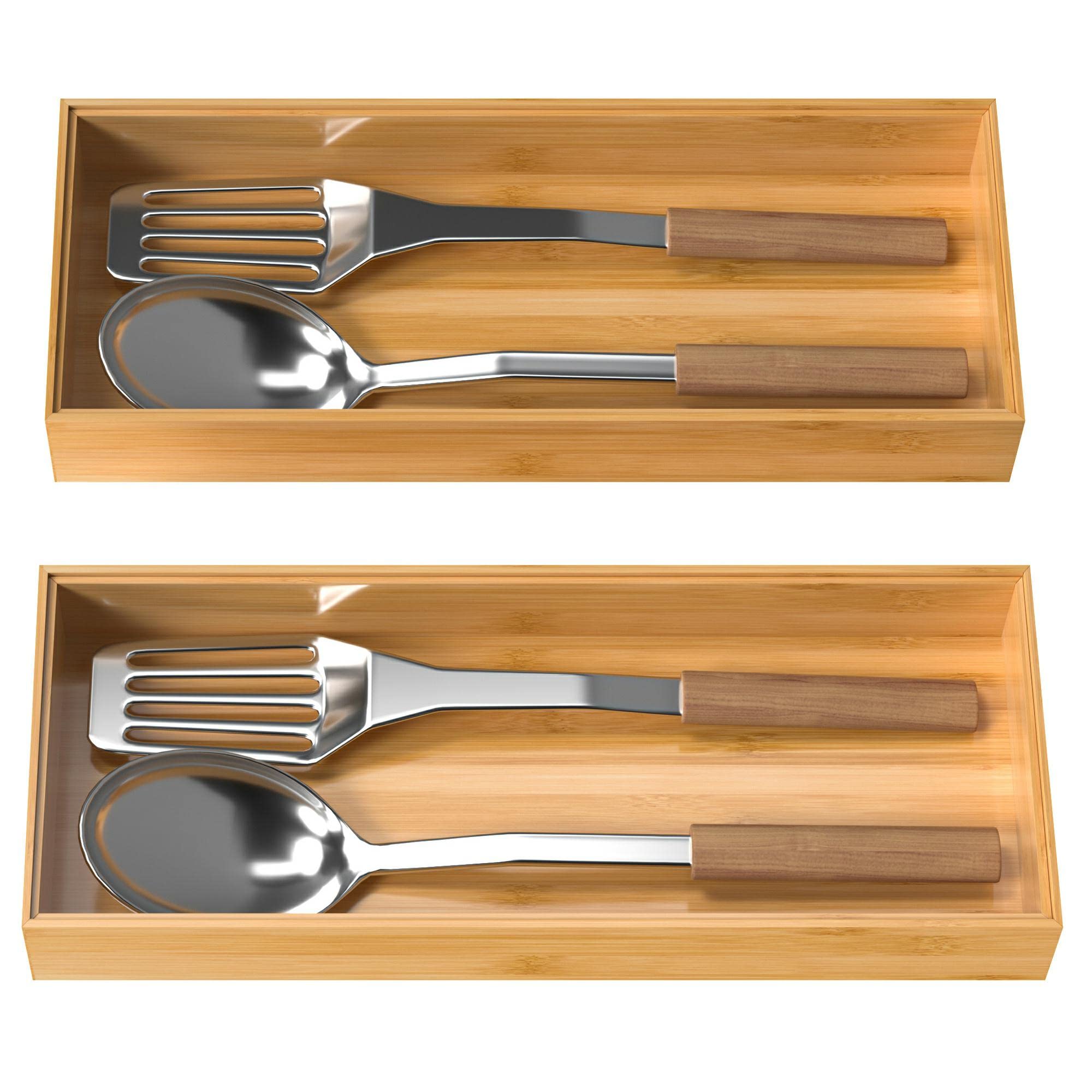 Premium Bamboo Drawer Organizer Set of 2 - Stackable Kitchen Utensil Tray, Wooden Silverware Storage Box (15