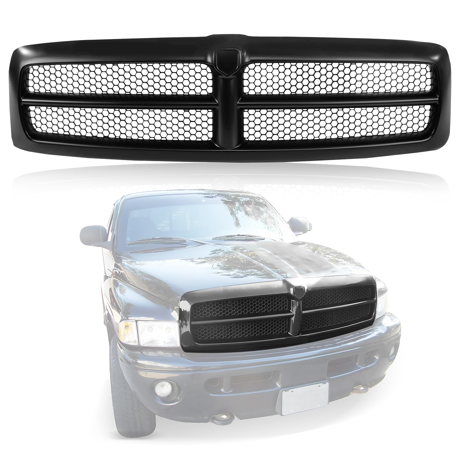 Matte Black Front Grille Assembly with Honeycomb Insert for Dodge Ram 1500/2500/3500 (1999-2002) - Compatible with Standard, Extended & Crew Cab Models - Upgrade Your Truck's Style for Off-Roading & Daily Driving