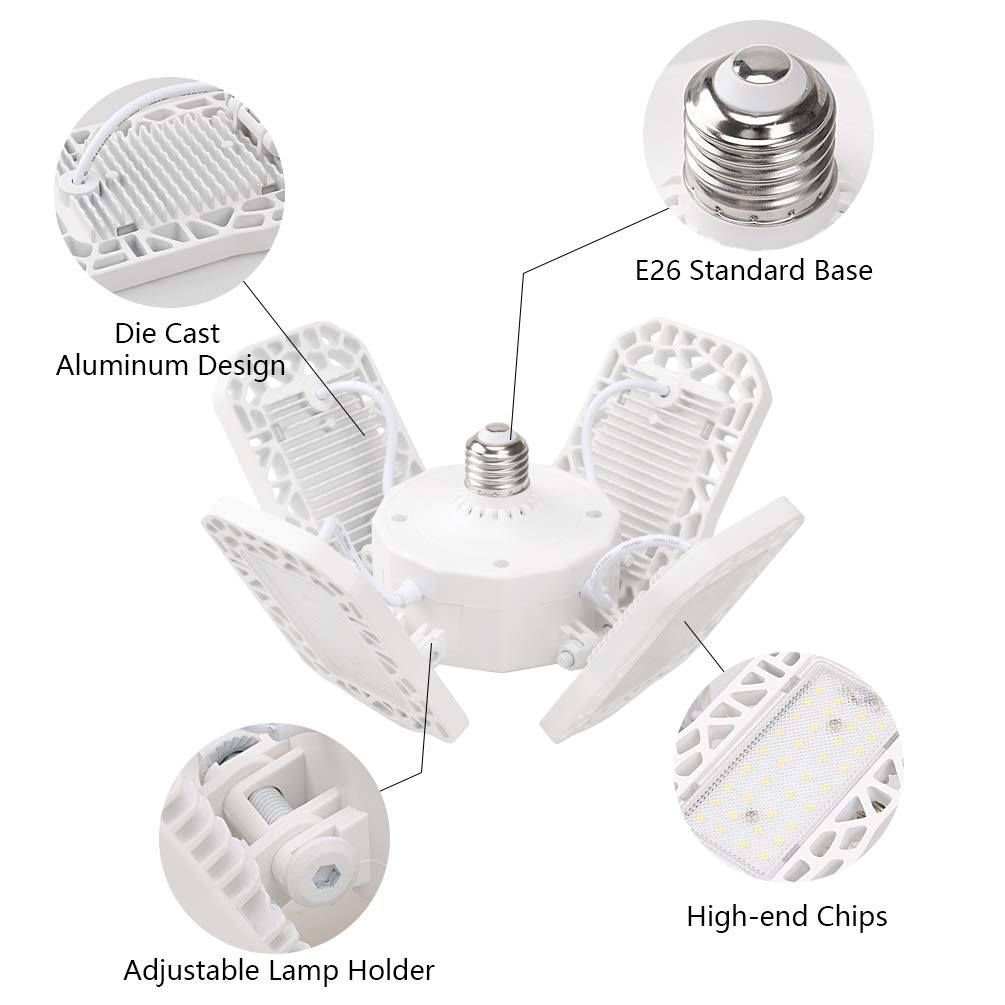 Aipsun 100W LED Garage Ceiling Light 2-Pack, 10000 Lumens Deformable E26/E27 Base with Adjustable Panels - Bright Lighting for Workshops, Basements & Storage Areas
