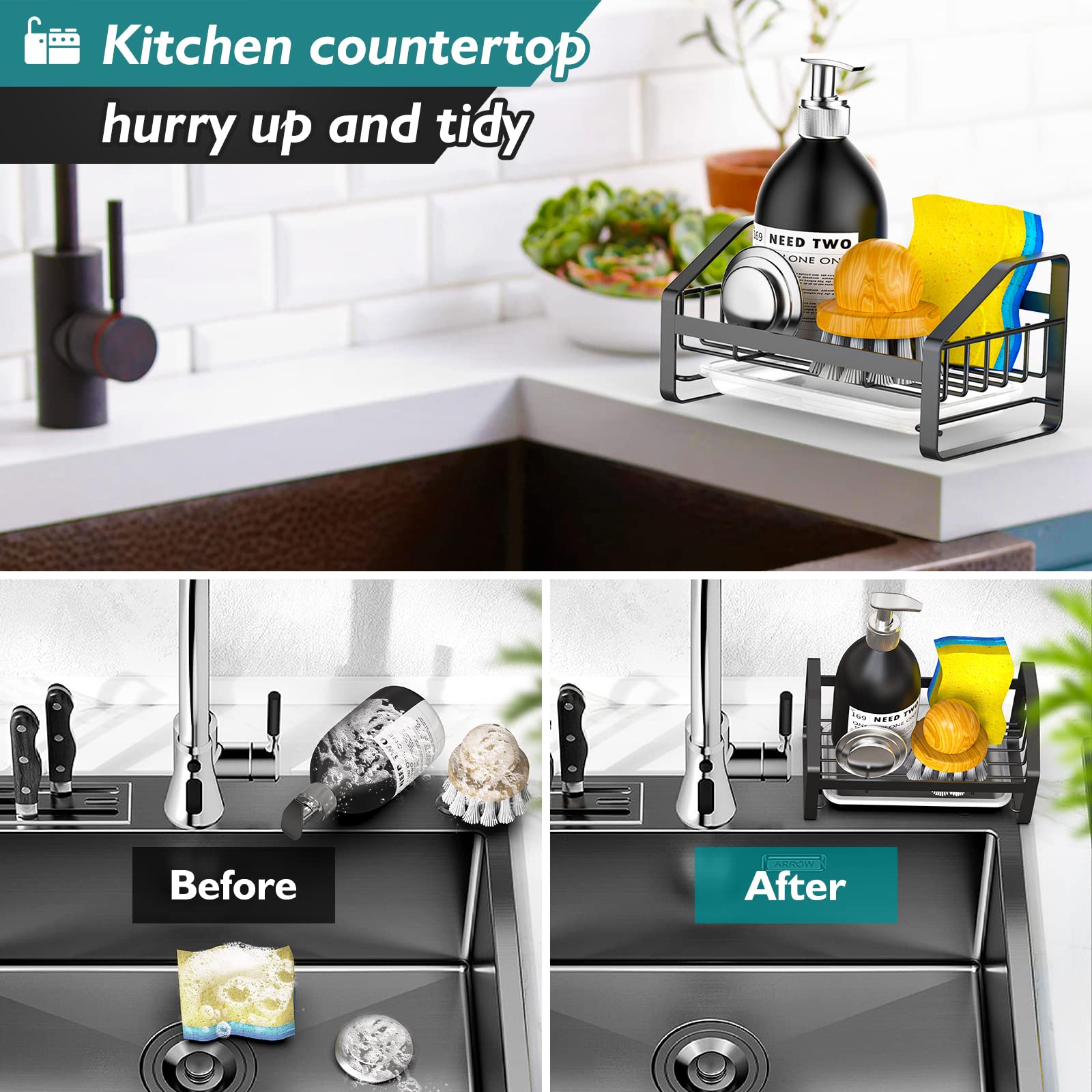 Stainless Steel Sink Caddy & Sponge Holder - 304 Stainless Steel Kitchen & Bathroom Sink Organizer with Removable Drain Tray - Perfect for Countertop Soap Storage & Kitchen Organization (Black) - Ideal for Small Spaces, Apartment Living & Clutter-Free Sinks