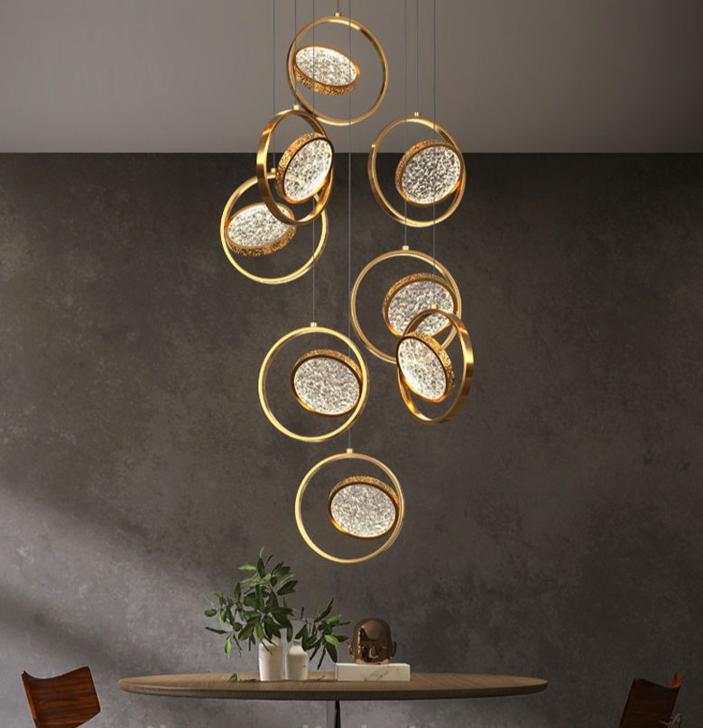 Luxury Double Rings Staircase Chandelier - Modern Crystal Pendant Light Fixture for Foyer, Hallway & Grand Entrance Lighting | Elegant Home Decor for Living Room, Dining Room & Stairwell