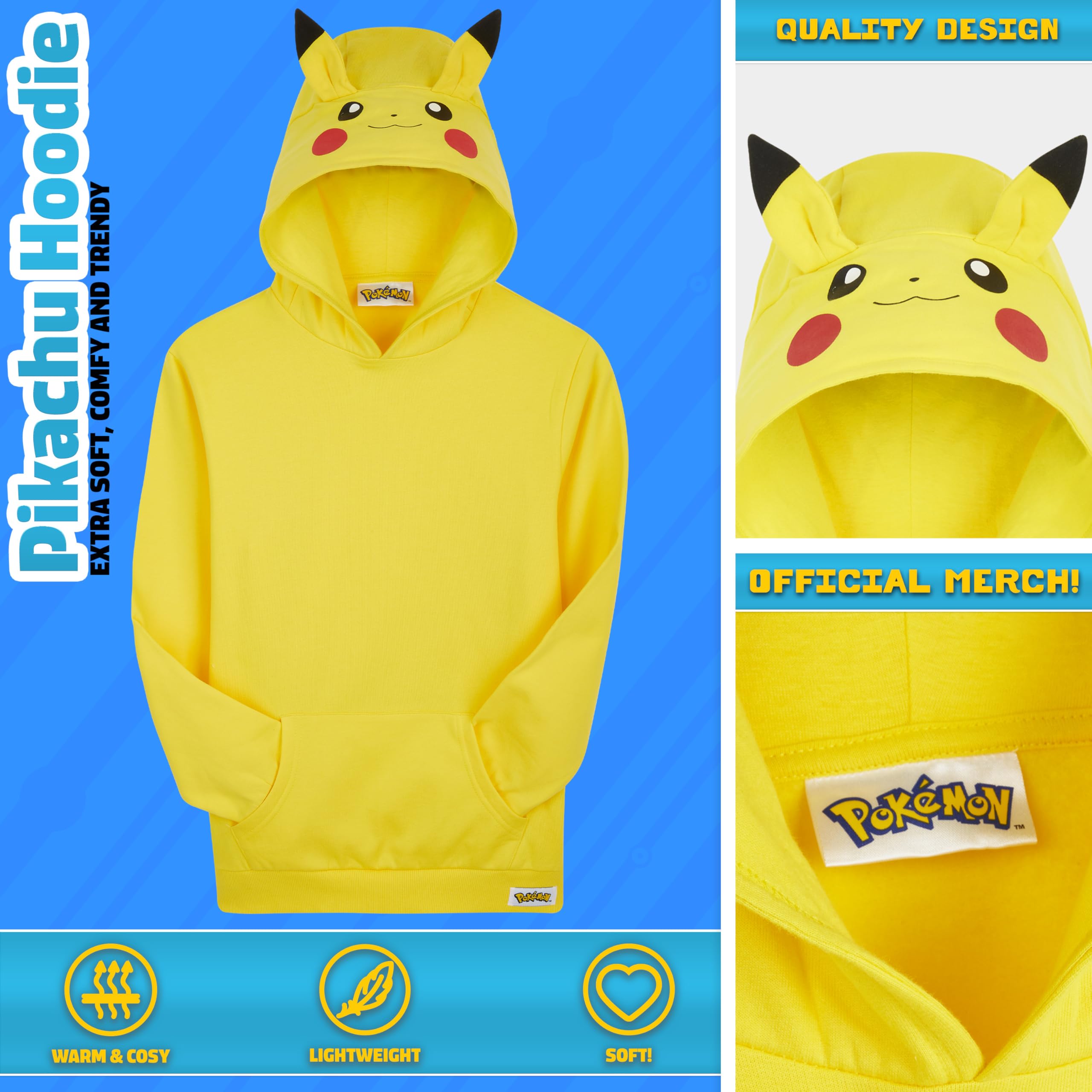 Pokémon Pikachu 3D Hooded Sweatshirt with Ears for Boys - Kids' Cartoon Character Costume Hoodie | Birthday Gift, Cosplay, Halloween Costume, Anime Fan Apparel