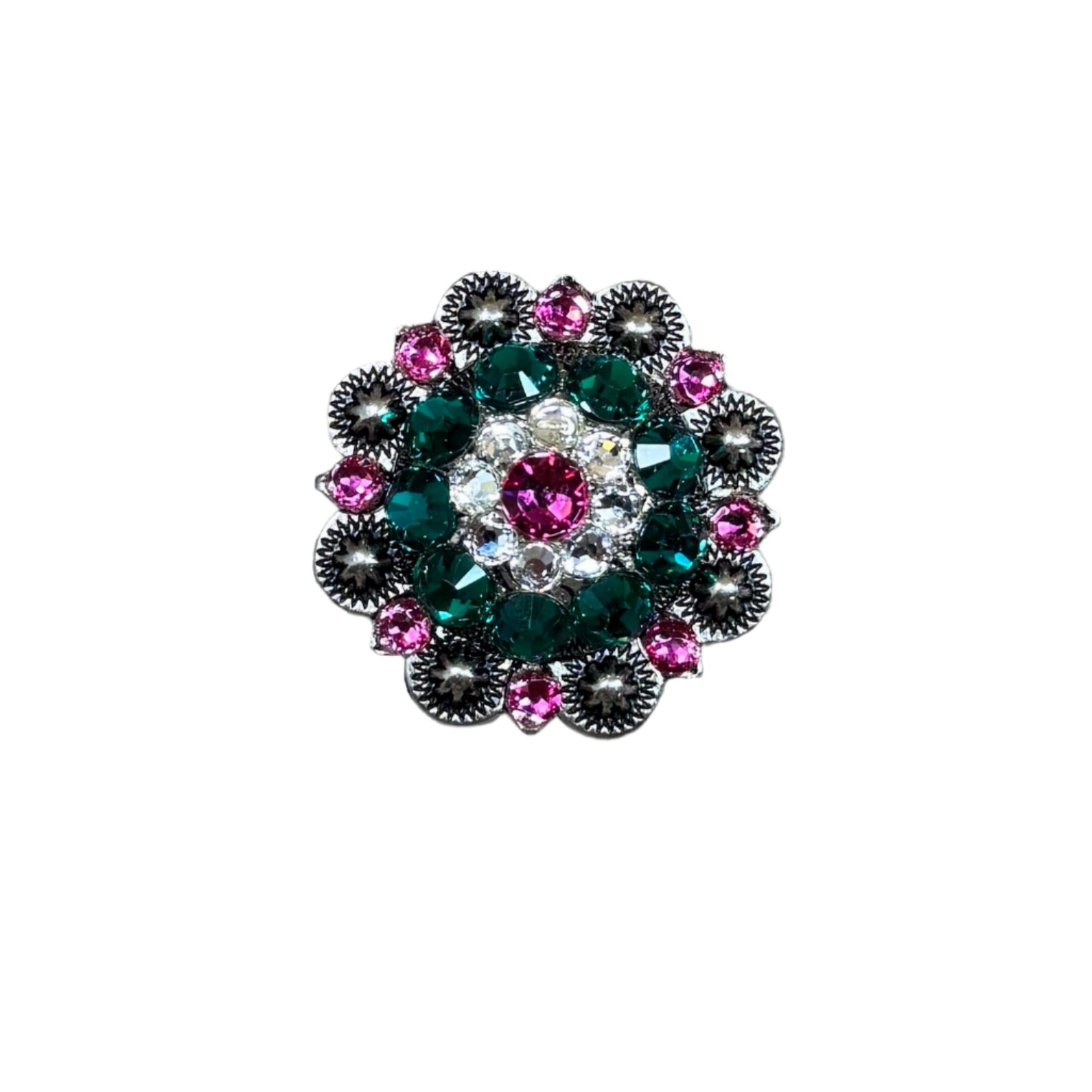 Antique Silver Fuchsia, Clear & Emerald Crystal Conchos - 1