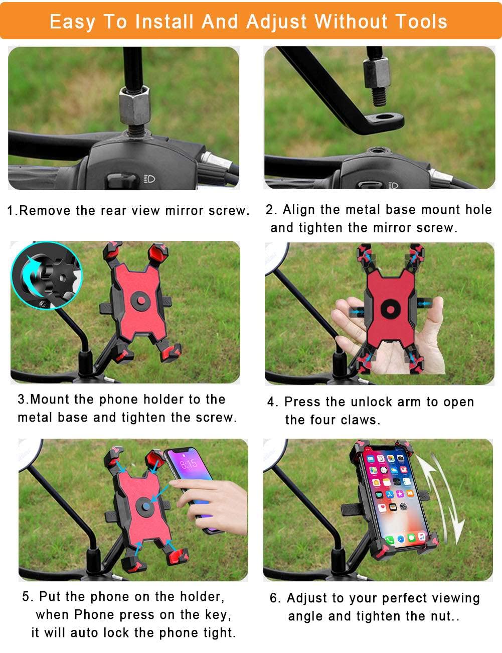 Motorcycle Phone Mount - 1 Second Auto Lock & Quick Release Phone Holder for Motorcycle, Moped, Scooter | Universal 4.5-6.8 Inch Cell Phone Holder for iPhone & Android | Perfect for GPS Navigation & Hands-Free Riding