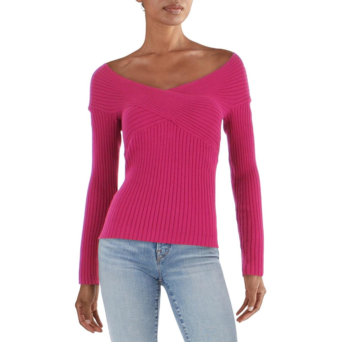 BCBGMAXAZRIA Women's Long Sleeve Off-Shoulder Sweater - Soft Knit Pullover for Fall & Winter, Perfect for Date Night, Office Wear & Casual Outings