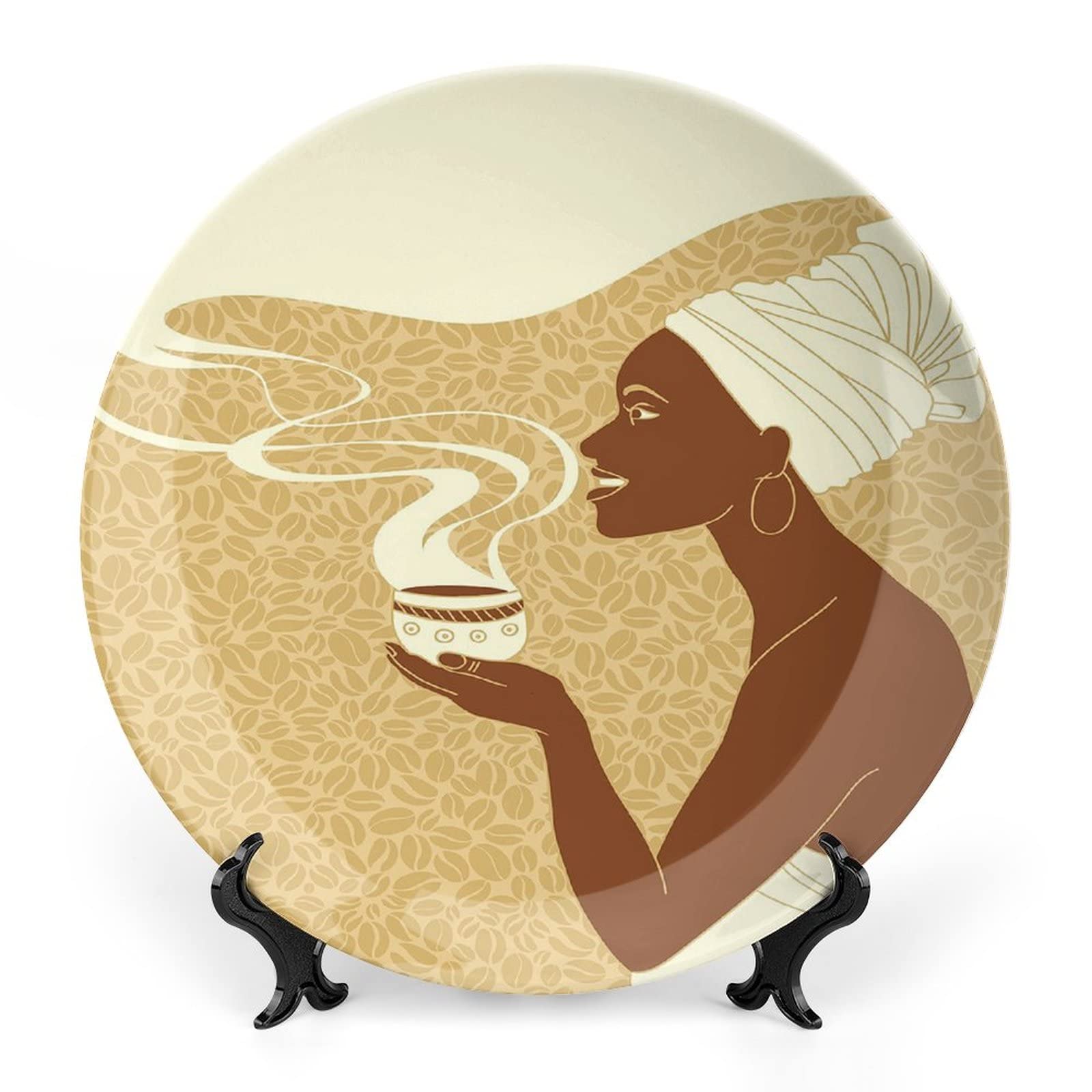8 Inch African Woman Decorative Ceramic Plates - Happy Afro Lady with Coffee Cup, Brown/Light Brown/Cream - Perfect for Dining, Parties, Weddings & Home Decor